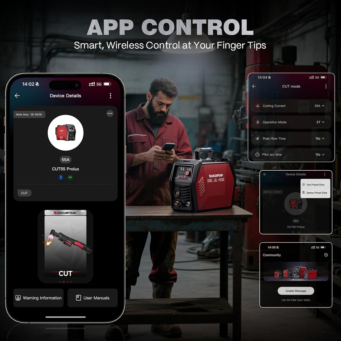 ARCCAPTAIN iControl CUT55 Prolux Plasma Cutter Machine, [APP Control] 55 Amp Non-Touch Pilot Arc, 120V/240V, Upgraded LED Display, Grid Cutting, Rust Removal, Air Pressure Detection for Home DIY