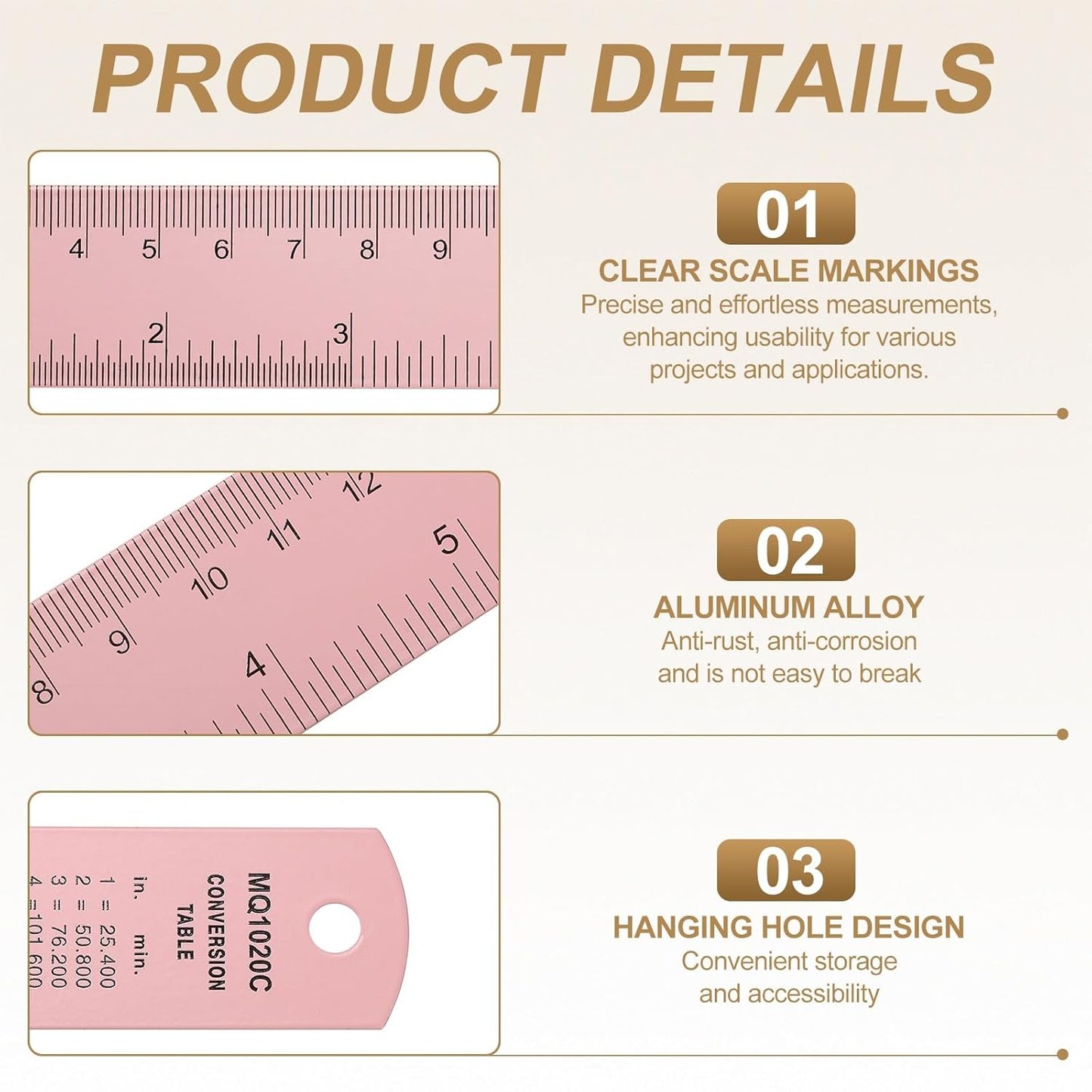 HARFINGTON 4pcs Metal Straight Ruler 30cm Metric SAE Aluminum Alloy Measuring Rulers Scale Tool with Hole for Measure Study Reading Classroom Office, Pink