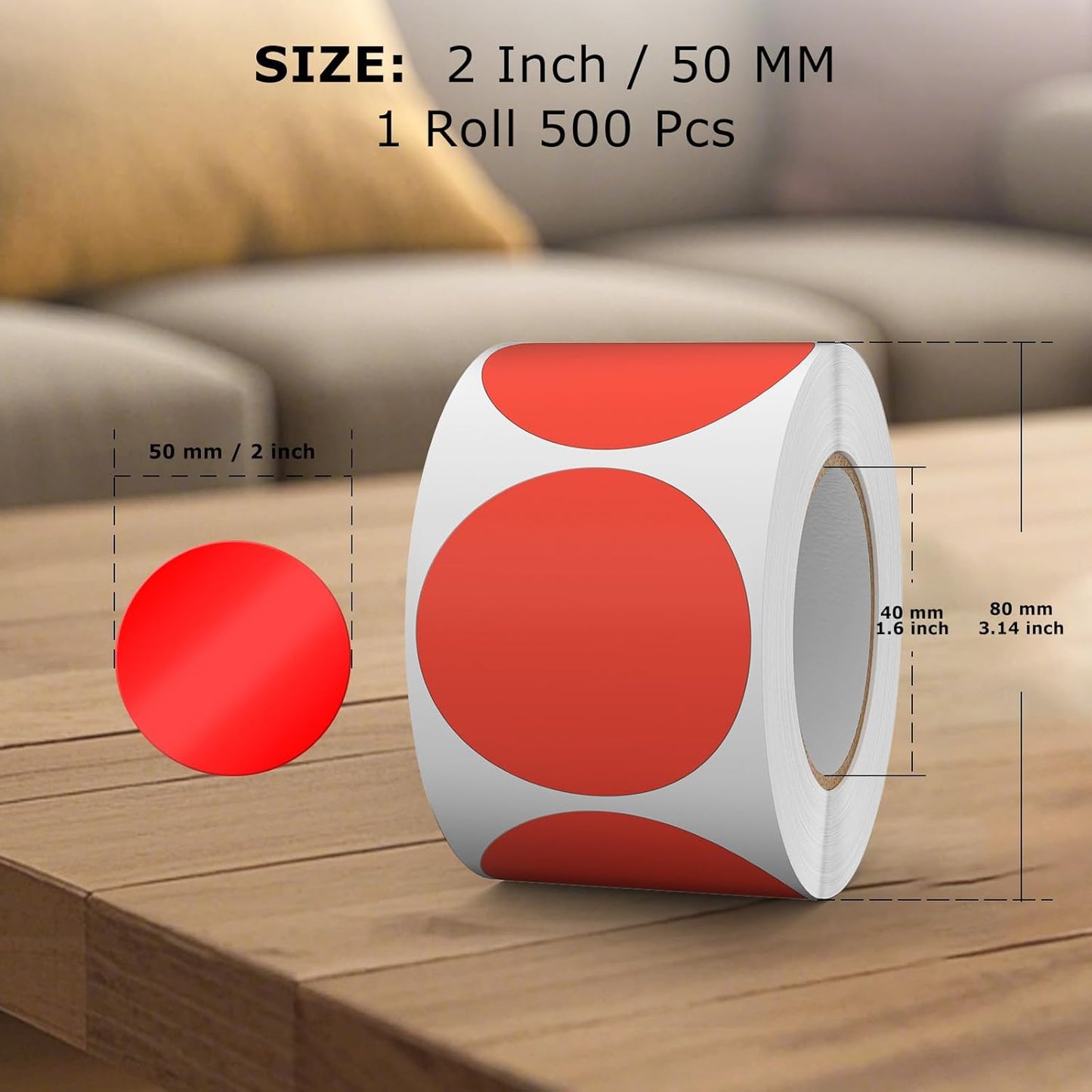 500 PCS Round Stickers 2 Inch Vinyl Red Dot Sticker Removable Writable Color Coding Circle Colored Labels for Office Inventory Garage Yard Sale Tag