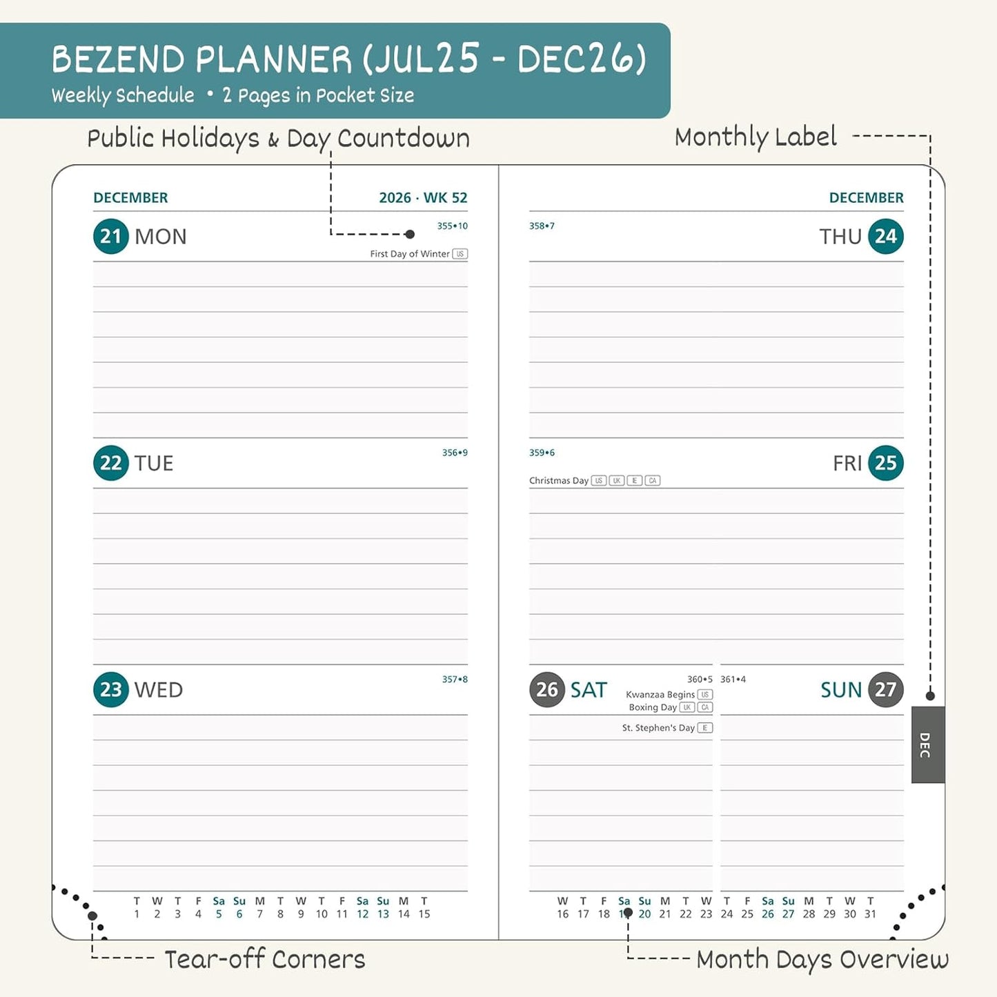 BEZEND Pocket Planner 2025-2026 Weekly and Monthly, 3.5" x 6" Academic Planner (Jul 25-Dec 26) 18-Month Mid-Year Calendar Book, Storage Pocket, Pen Holder, PU Leather Hardcover - Mint Green