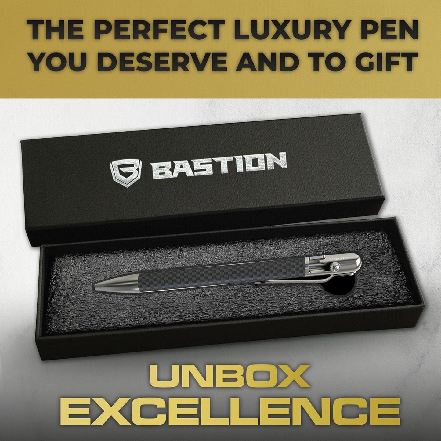 BASTION® Luxury Slim Bolt Action Pen, EDC Pen with Fine Tip, Professional Ballpoint Pen for School and Work - Carbon Fiber-Stainless Steel