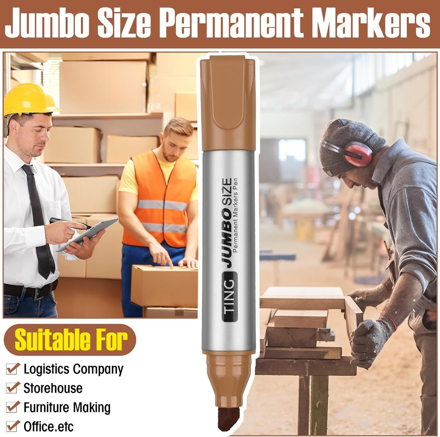 Fuutreo 10 Pack Jumbo Permanent Markers Bulk Large Chisel Tip Permanent Markers Quick Drying Waterproof Big Huge Poster Pens for Office, Logistics Company and More(Brown)