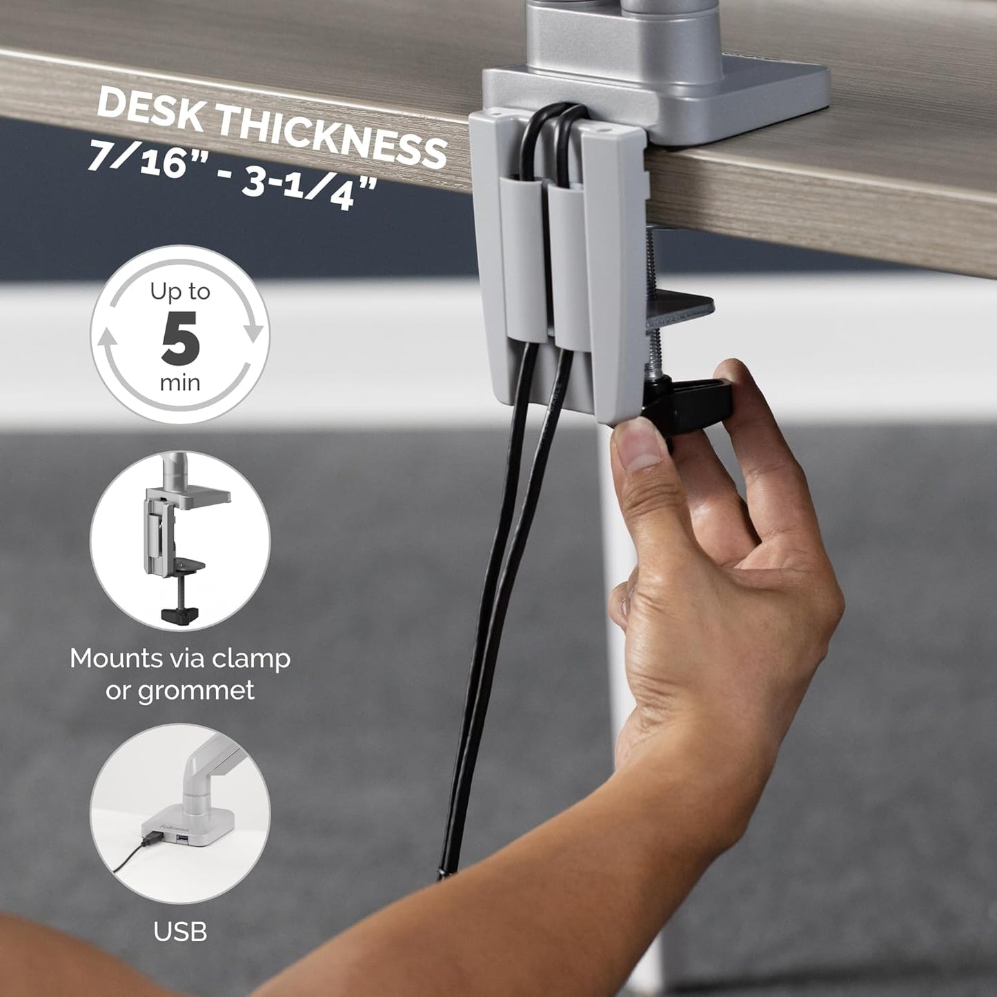 Fellowes Platinum Series Dual Monitor Arm for 40-Inch Monitors, Full Motion, 360° Rotation, VESA Mount with Grommet or Clamp, USB Ports, Ergonomic, Silver, 8056501