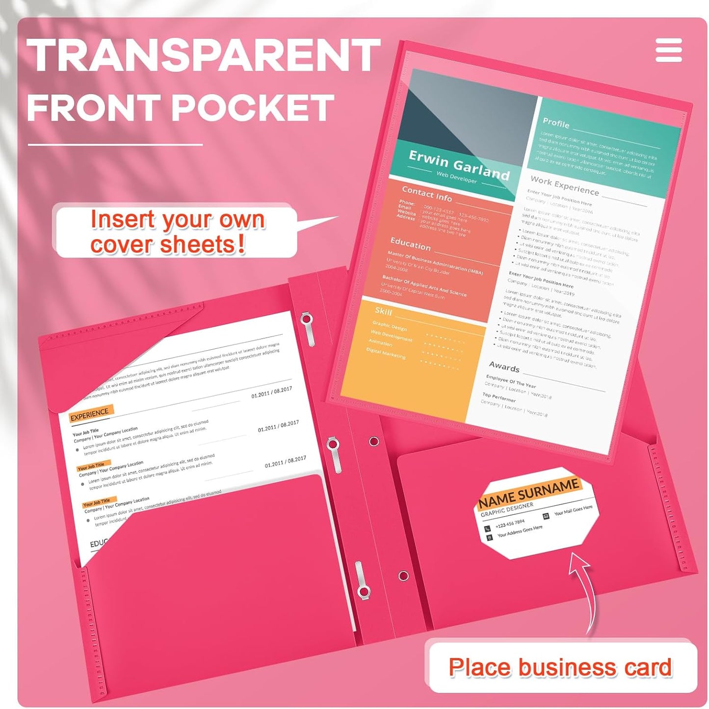 Henoyso 36 Pcs Plastic Folder with Clear Front Pocket and 3 Prong Plastic Folders with Card Slot Pocket Folders with Prongs for School Office (Rose Pink)