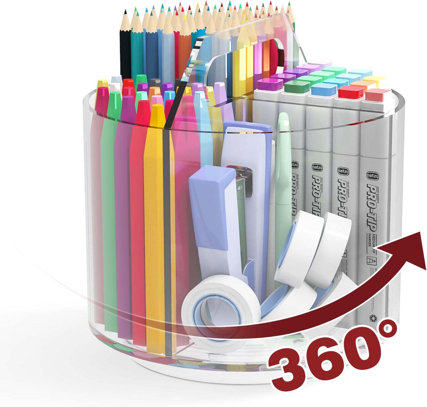 Absonic Pencil Holder for Kids, 360 Rotating Pen Holder for Desk Organizer and Storage, 4 Compartments Art Supply Marker Organizer, Acrylic Kids Desk Organizer for School Lazy Susan Organizer