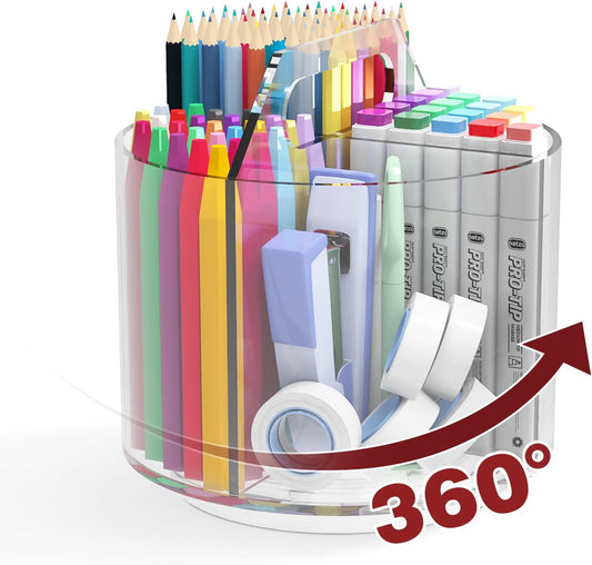 Absonic Pencil Holder for Kids, 360 Rotating Pen Holder for Desk Organizer and Storage, 4 Compartments Art Supply Marker Organizer, Acrylic Kids Desk Organizer for School Lazy Susan Organizer