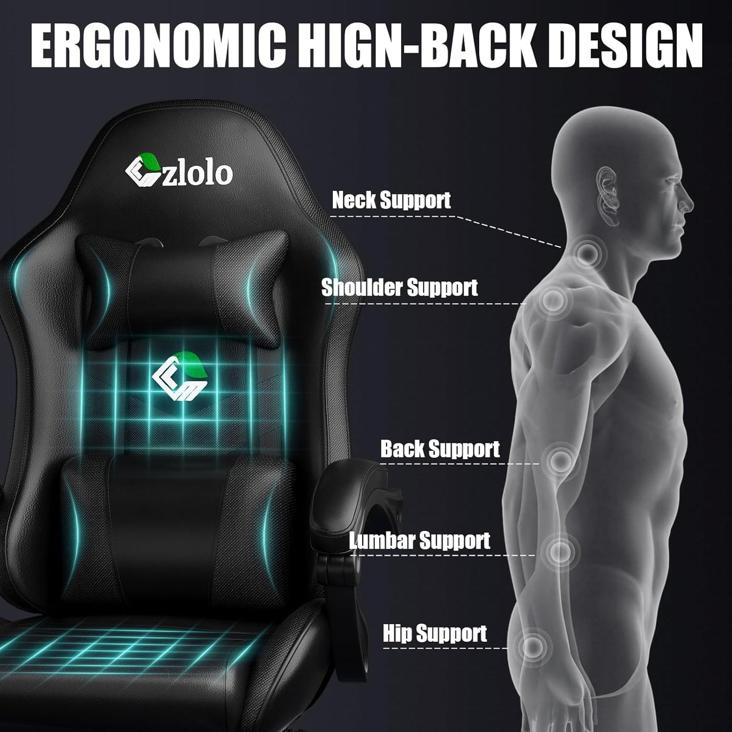 Gaming Chair, Ergonomic Office Computer Chair with Footrest and Lumbar Support Massager Racing Style High Back Video Gamer Chair, Wide＆Thick Cushion, 90°-135° Recline, Adjustable Height, Black
