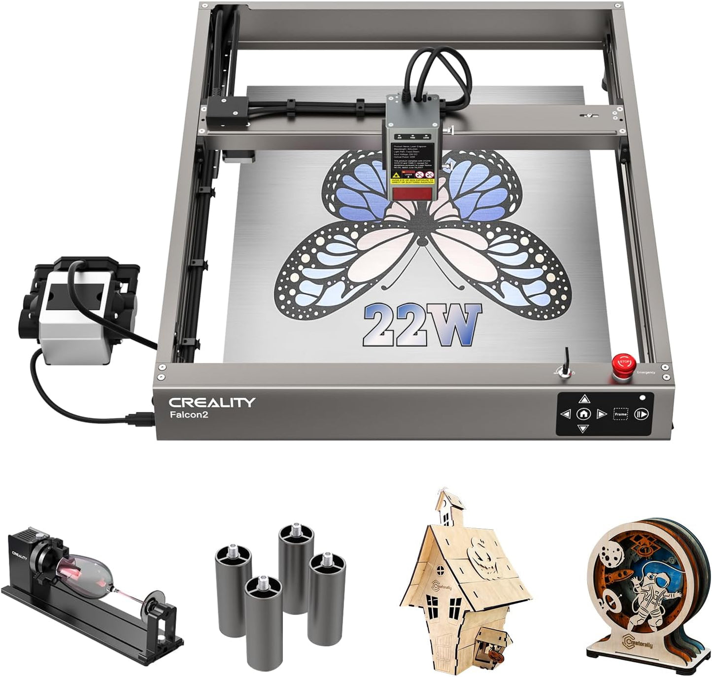Creality 22W Laser Engraver 4-in-1 Rotary Roller Kit for Glass Tumbler Ring, 120W Power Laser Cutter and Engraver Machine, CNC Laser Engraving Machine Laser Engraver for Wood and Metal etc, 17" x 16"