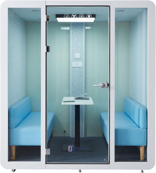 GEARONIC Mobile Office Pod Booth, Sound Proof Office Booth Pod with Mobile Roller, Larger Space for 4-6 People, LED Lighting System,Fans and AC USB Ports