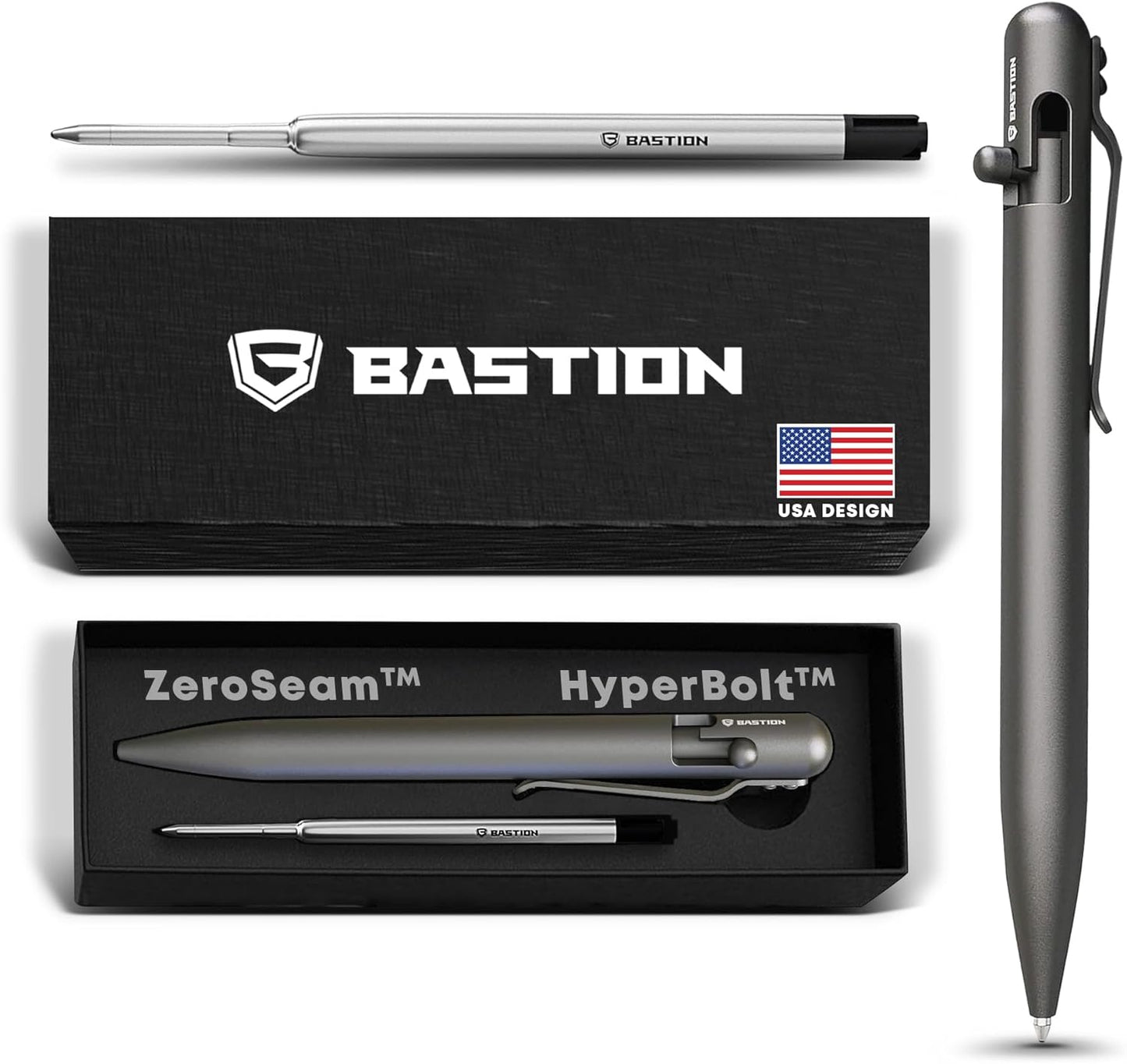 BASTION® Luxury Bolt Action Pen, Durable Professional Ballpoint Pen with Fine Tip, EDC Pen Ink Refillable Pen - Titanium Gray