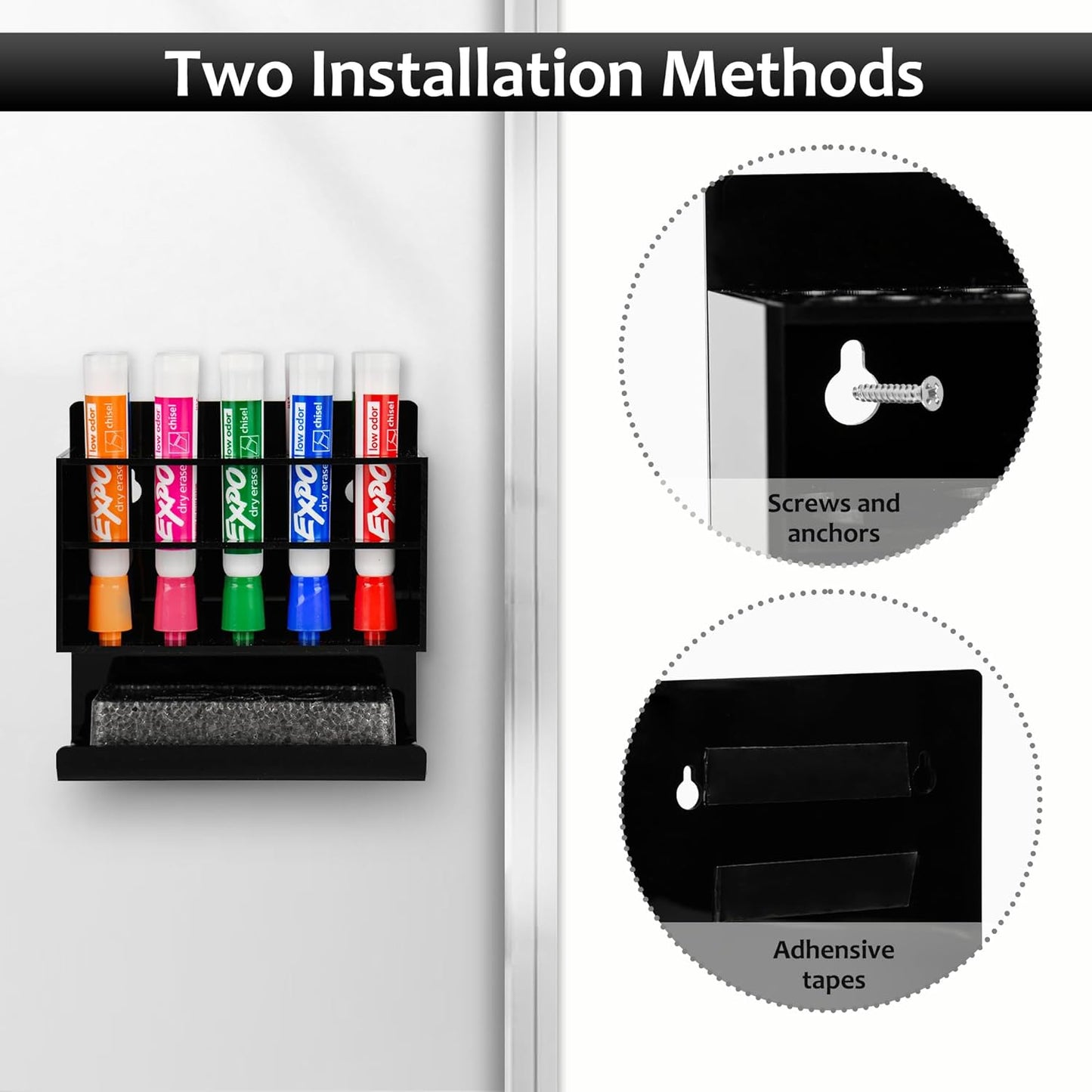 Dry Erase Marker Holder, Wall Mounted Acrylic Marker Holder with 10 Slots, Sticky Pen Storage for Classroom Organization, Whiteboard, Office, Black