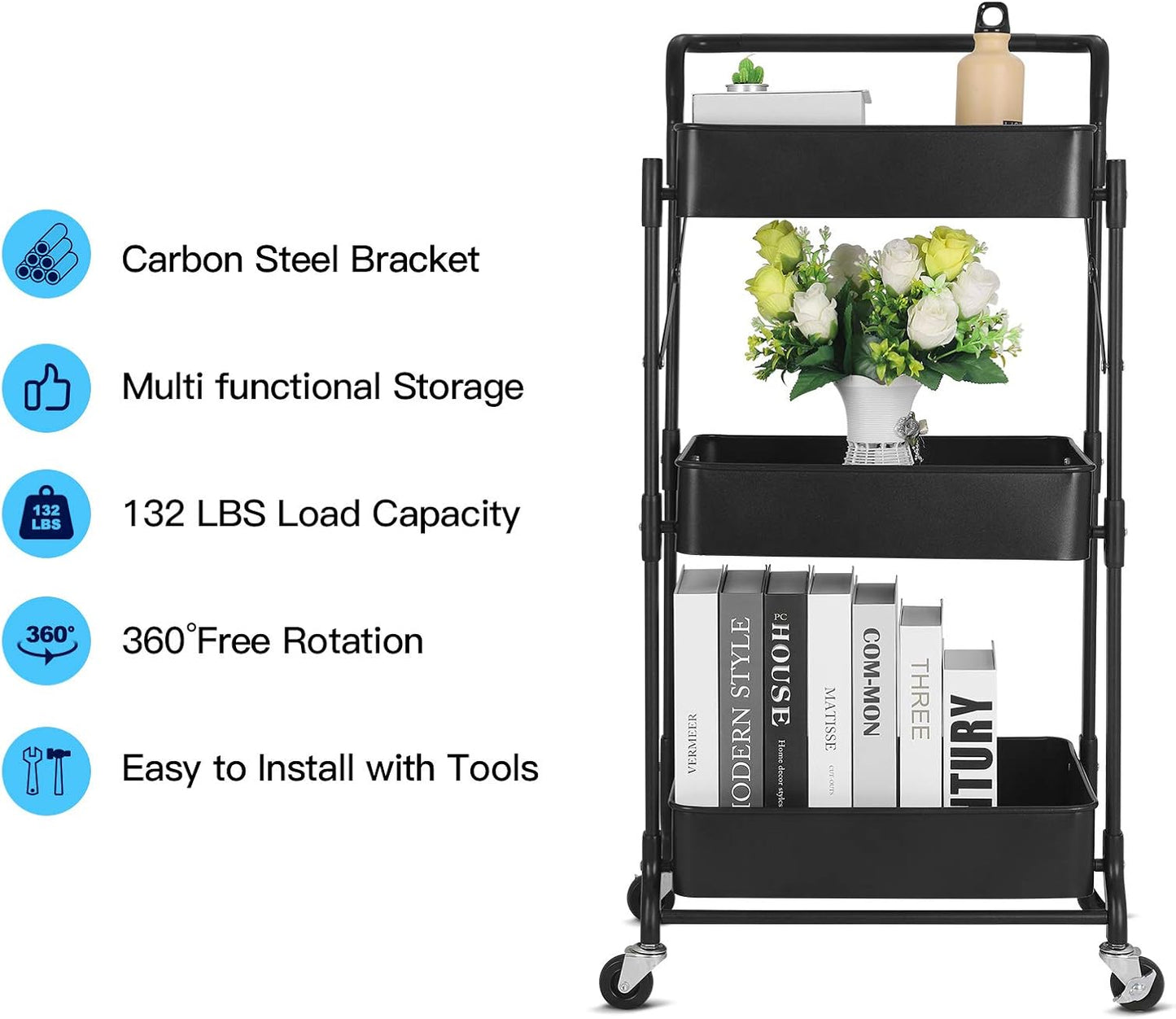 Foldable 3 Tier Metal Utility Rolling Cart, Folding Mobile Multi-Function Storage Trolley Organizer Cart for Home Library Office(Black)