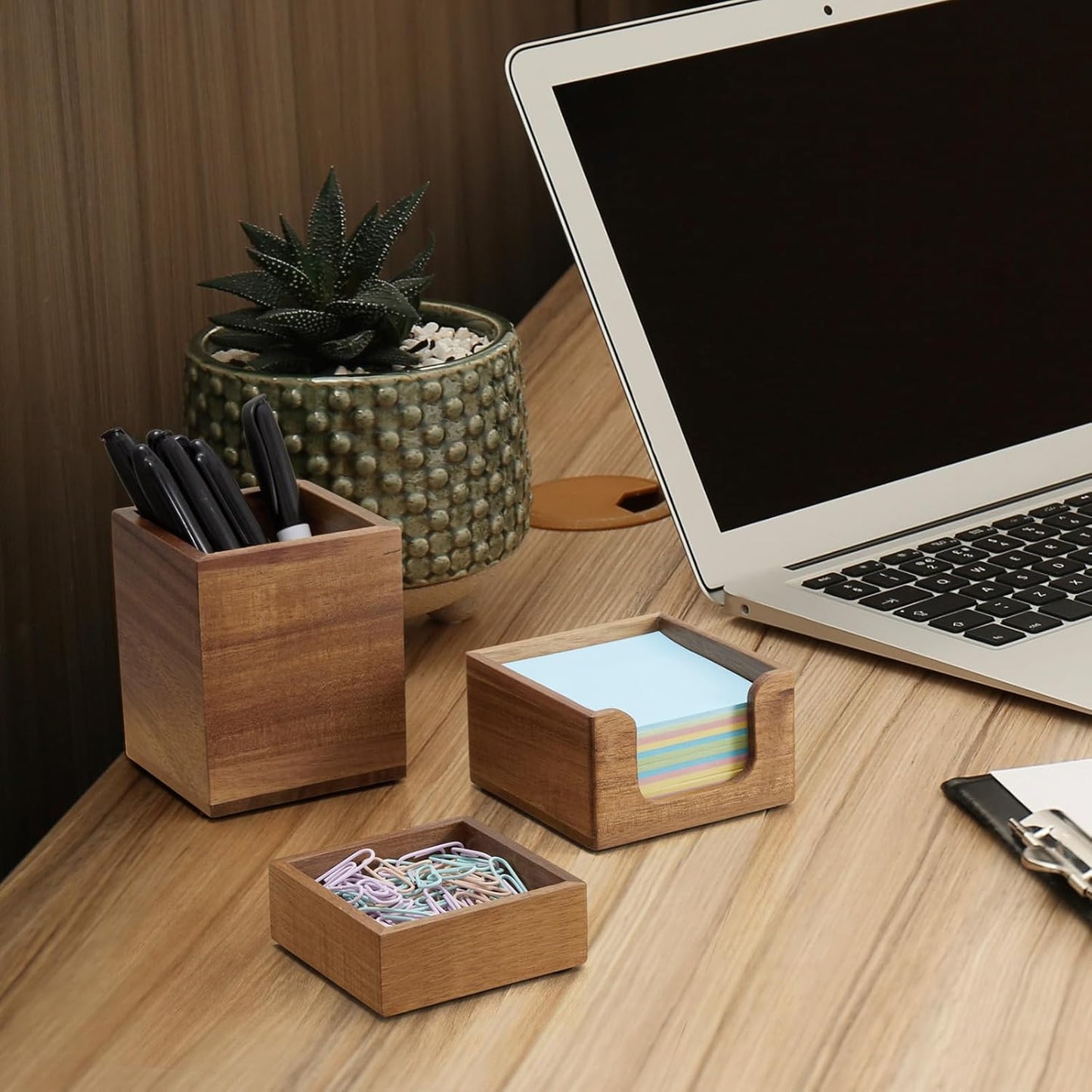 Desk Organizer Set of 3 - Acacia Wood Office Desk Accessories - Desk Organizers and Accessories for Women Men - Set incl. Pencil Pen Holder, Paperclip Storage and Sticky Note Holder
