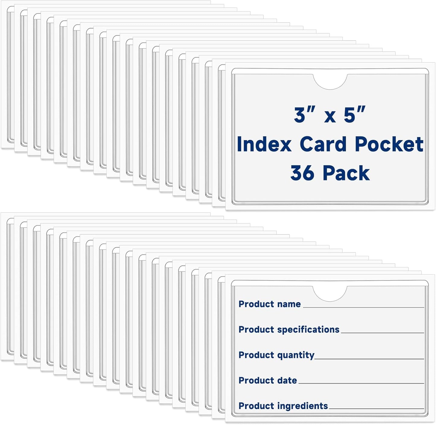 36Pcs Adhesive 3" x 5" Index Card Pockets, Clear Label Holders with Top Open for Loading, Plastic Pocket Sleeves for Organizing Storage Bins, Library Cards, Shelves