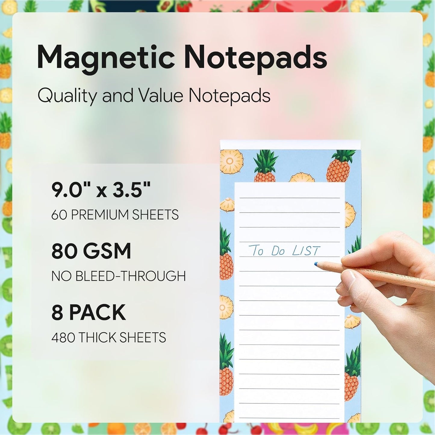 8 Large Magnetic Notepads – Big Notepads for Grocery List, Shopping List, To-Do List, Reminders -Strong Magnetic Back- Memo Pads with Realistic Fruit Designs | 60 Sheets per Pad 9 x 3.5 inch (8 Pack)