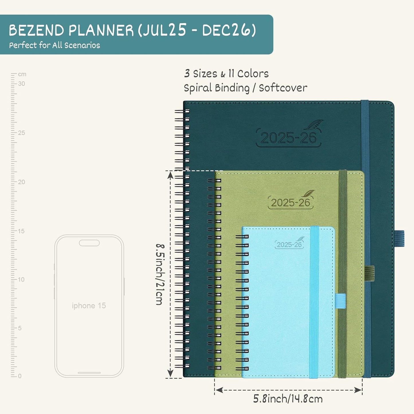 BEZEND Planner 2025-2026 Weekly and Monthly, 5.8" x 8.5" Academic Calendar (Jul 25-Dec 26) Vertical Daily Appointment with Hourly Timeslot & Monthly Tab, Spiral, PU Leather Softcover - Mint Green