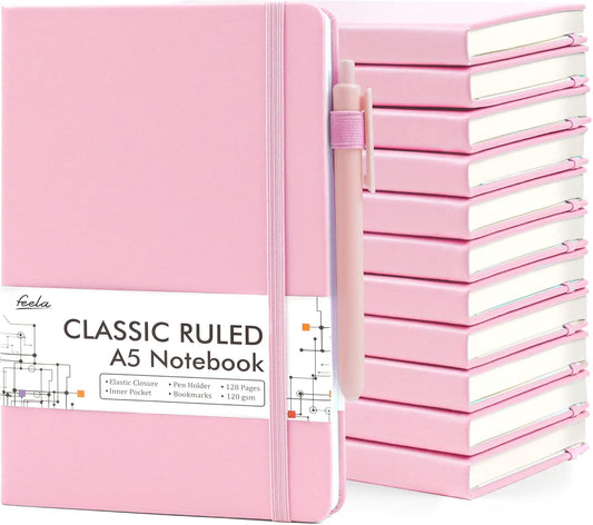 feela 12 Pack Notebooks Journals Bulk, Hardcover Notebook Classic Ruled Lined Journals with Pen Holder for Women Girls School Business Supplies, with 12 Black Pens, 120 GSM, 5.1”x8.3”, A5, Rose Pink