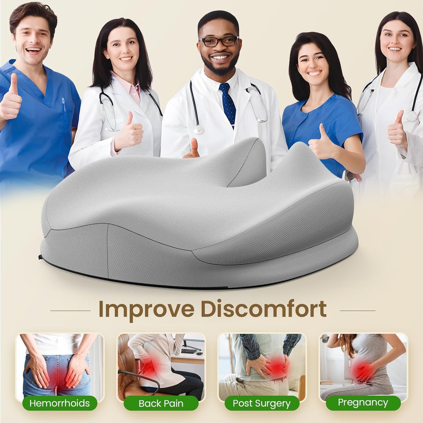 Benazcap Large Seat Cushion for Office Chair Memory Foam Coccyx Pain Relief Cushion Pillow for Back Support Non-Slip Seat Pad for Office Desk, Car Seat, Wheelchair, Sciatica-Grey