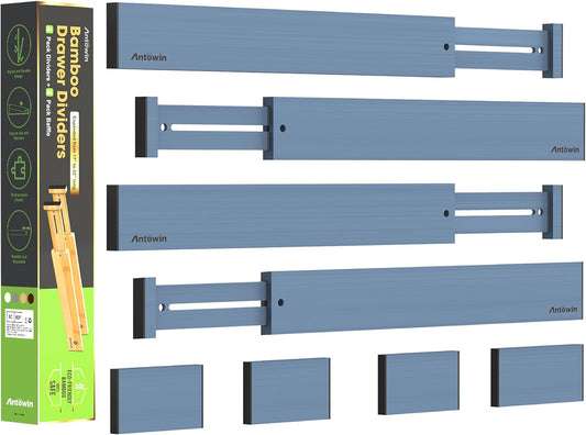 ANTOWIN Bamboo Drawer Dividers, Expandable Drawer Separators Splitter,17-22 inches Long Adjustable Spring-loaded Organizer for Large Utensil, Clothes, Tools Drawers (Blue)