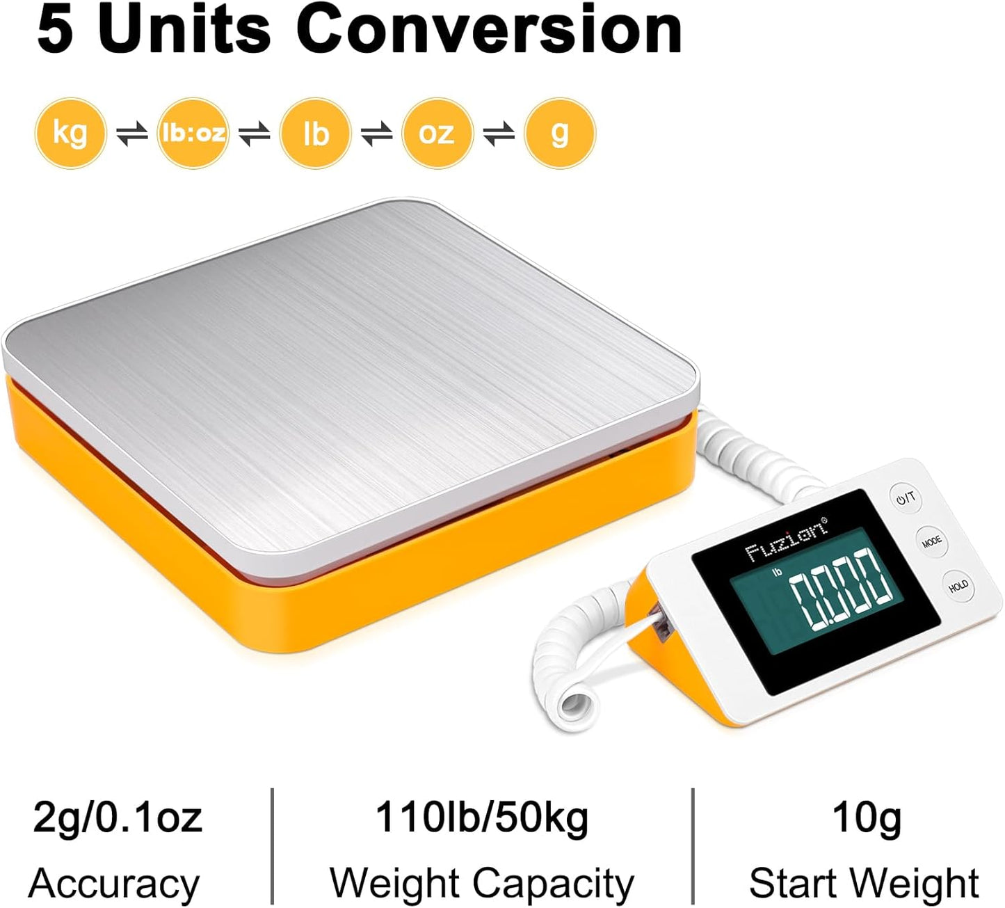 Fuzion Shipping Scale - Digital Postal Scale 110LB x 0.1oz, Large LCD Display, 5 Units, Scale for Packages, Postage - Dual Power Supply (Batteries & Adapter)