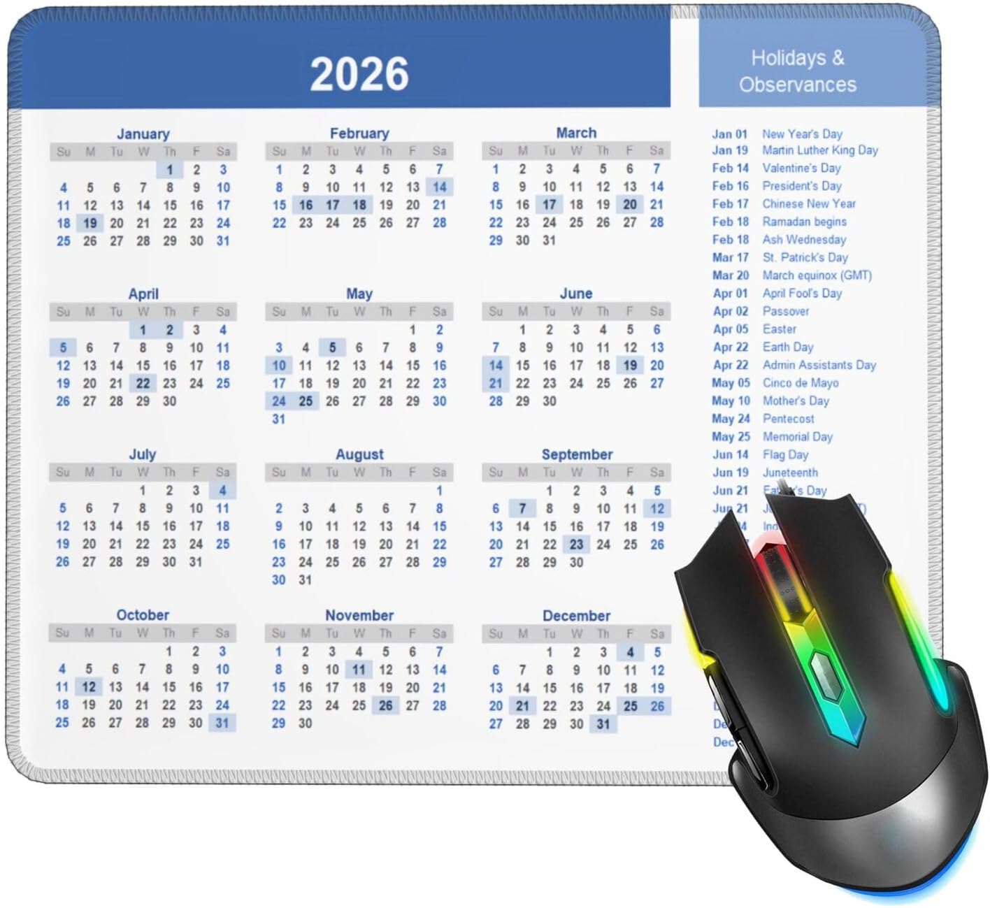 2026 Calendar Mouse Pad, Calendar with Holiday Mouse Pad for Desk, Stitched Edge Mousepad with Non-Slip Rubber Base, Gaming Mouse Mat for Computer Laptop Home Office