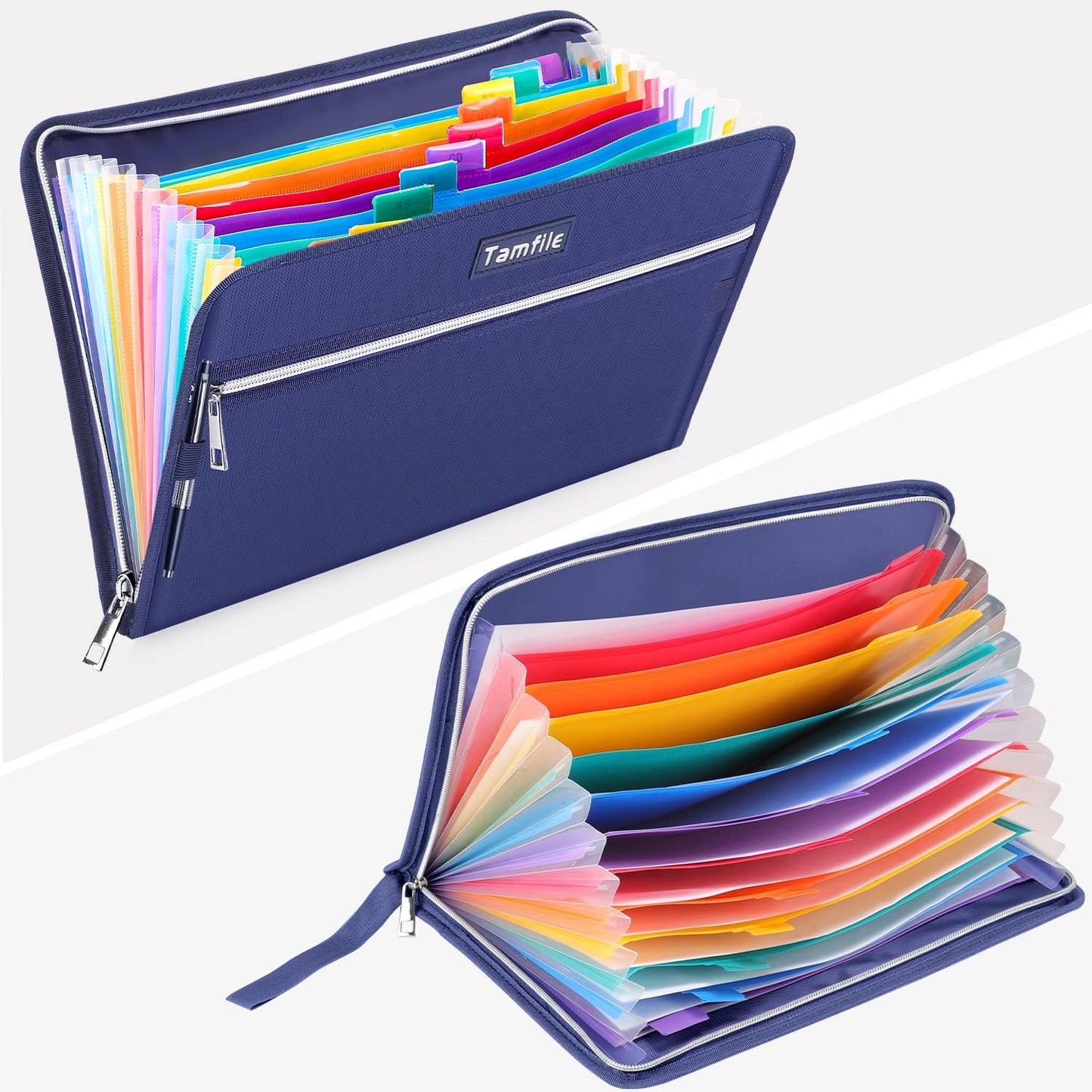 Fireproof Safe Accordion File Organizer Bag Folder,Waterproof Expanding Filing Folder with 14 Pockets, A4 Letter Size, Document Organizer Holder and Color Labels /2 Zipper, Navy Blue 14.3" x 9.8"