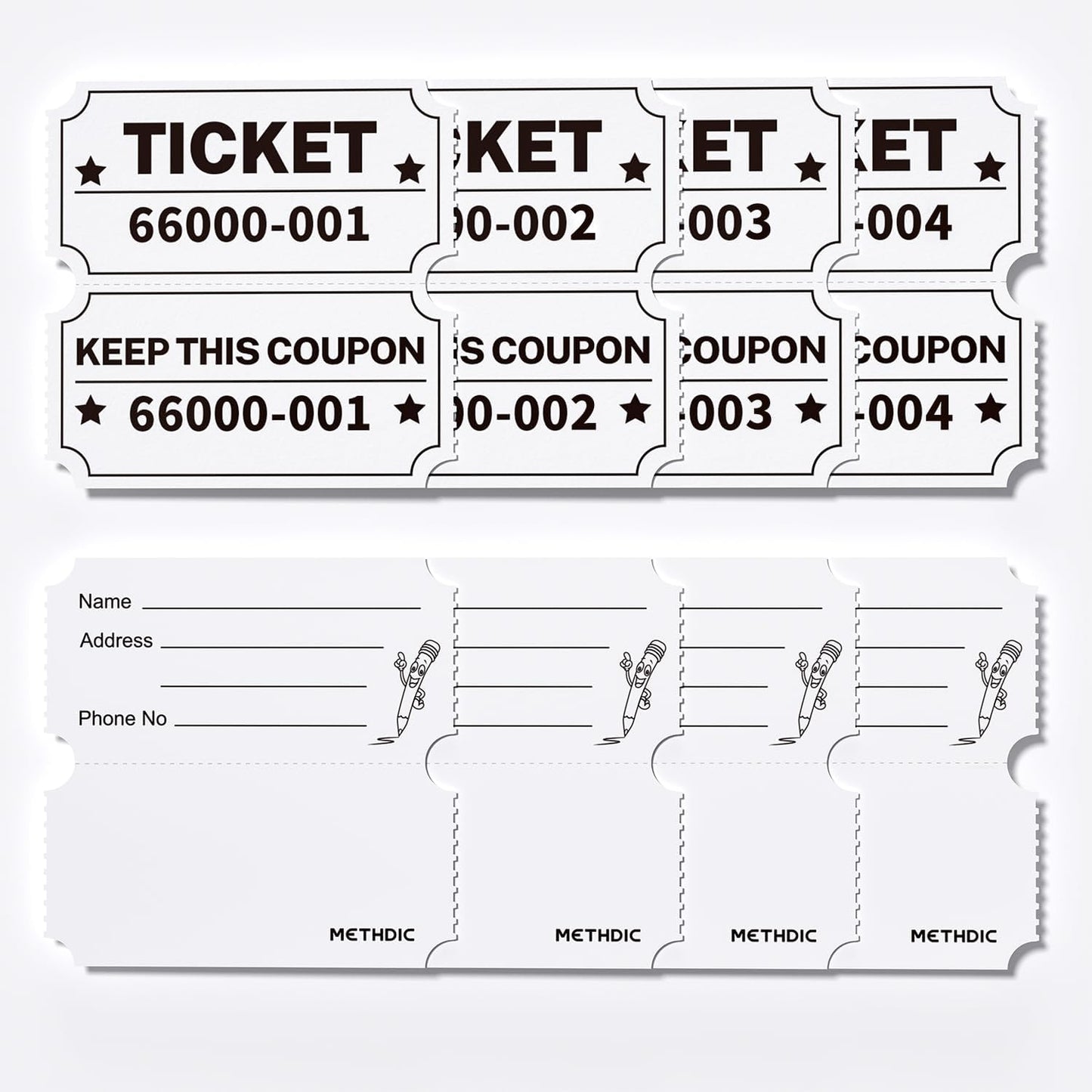 2000 Methdic White Raffle Tickets Double Roll, Ticket for Events, Entry, Class Reward, Fundraiser & Prizes