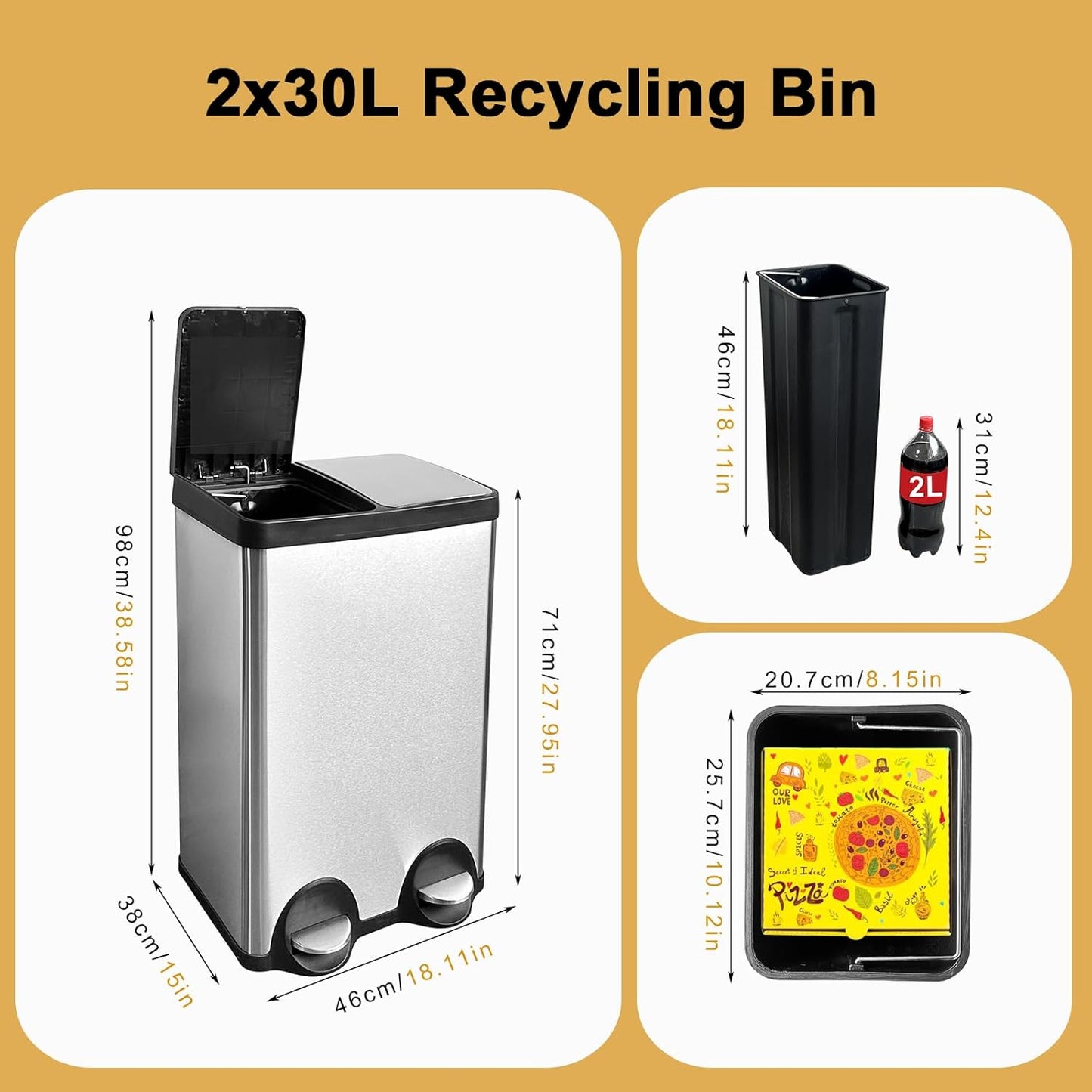 Dual Trash Can, 60 Liter/16 Gallon Dual Bin Trash Can with Lids, Kitchen Trash Can Dual Compartments, Trash and Recycling Bin Combo, Hands-Free Stainless Steel Kitchen Trash Can