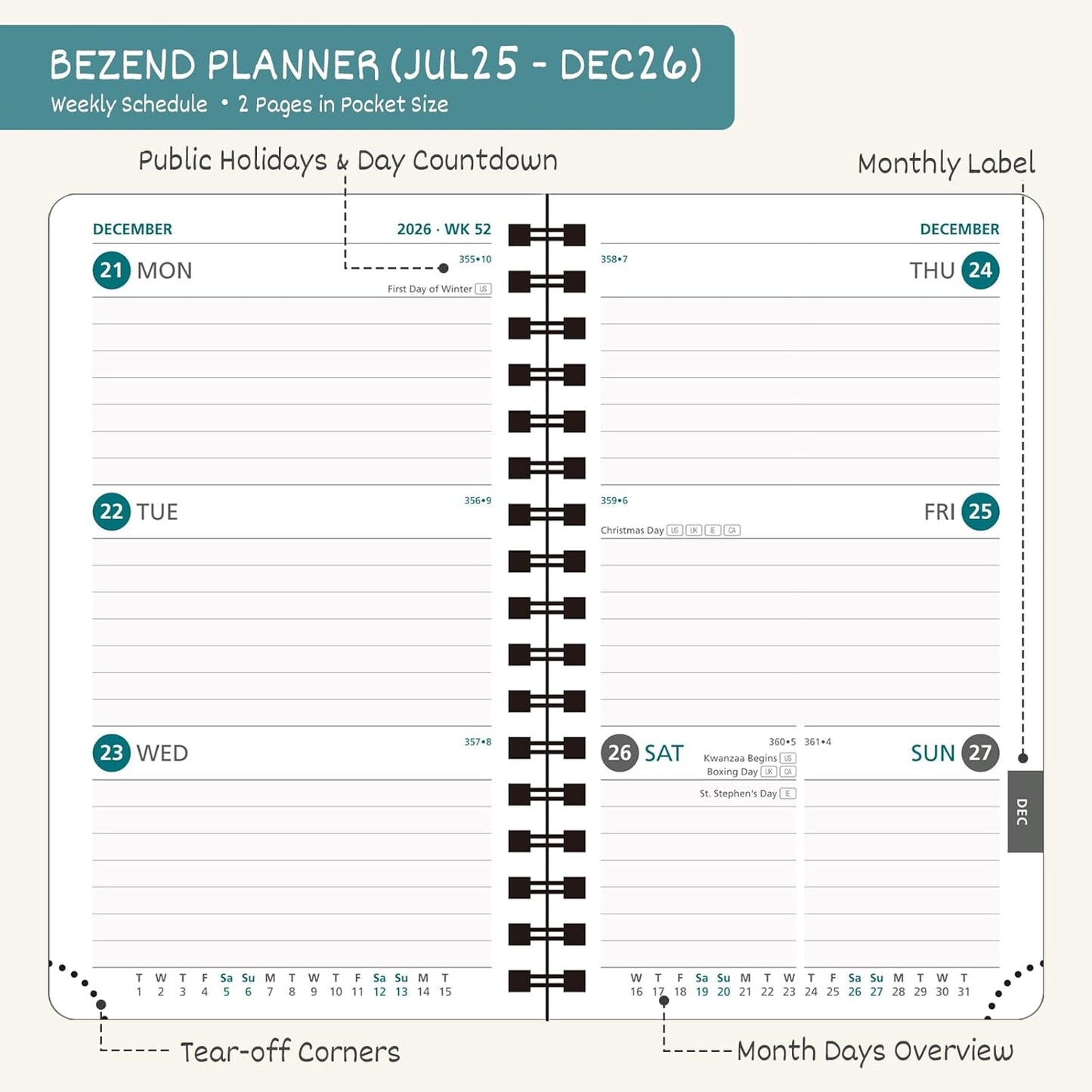 BEZEND Pocket Planner 2025-2026 Weekly and Monthly, 3.5" x 6" Academic Planner (Jul 25-Dec 26) 18-Month Mid-Year Calendar Book, Storage Pocket, Pen Holder, PU Leather Softcover, Spiral - Sky Blue
