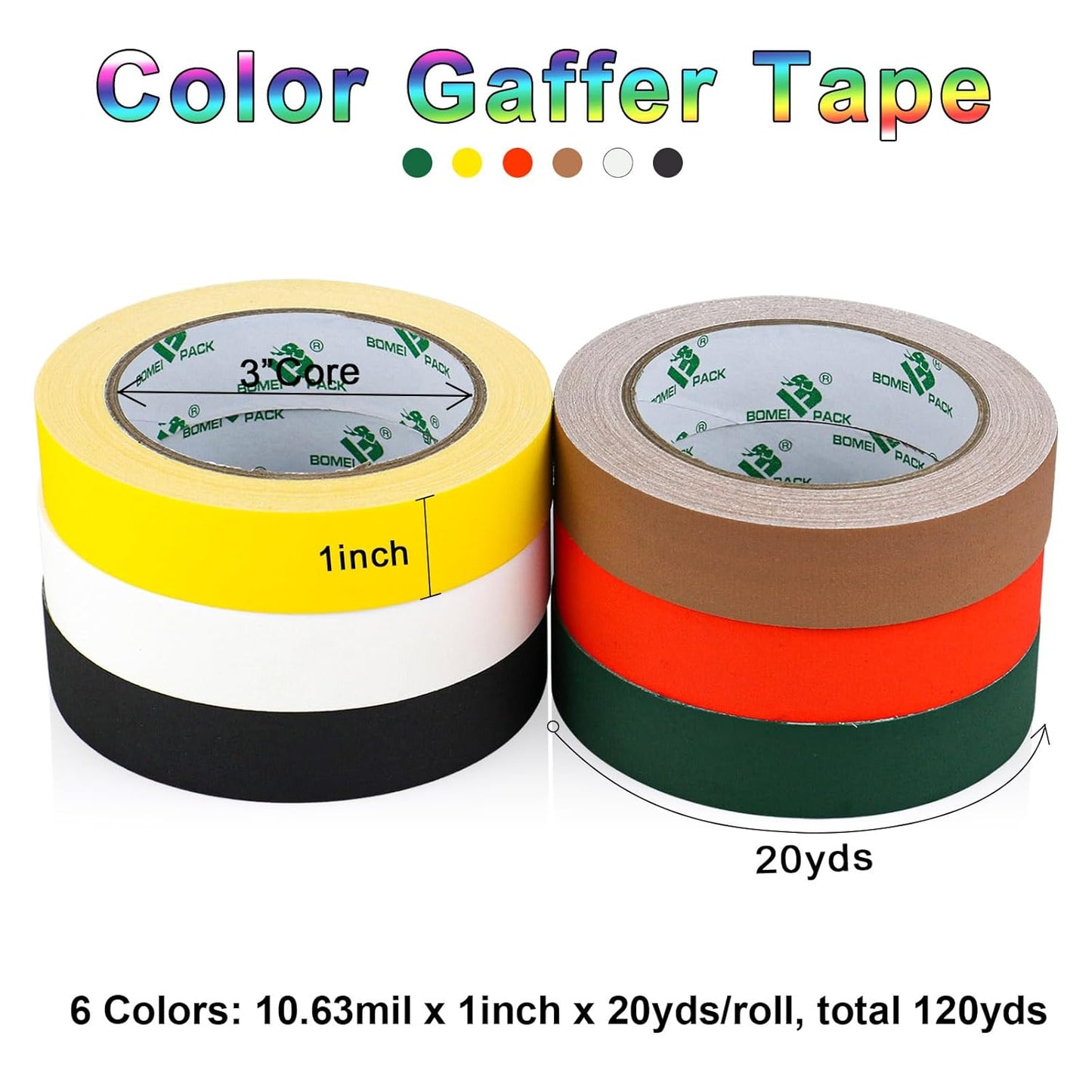 BOMEI PACK 6 Colors Gaffer Tape 1inch x 20yds, Matte Non-Reflective Theater Stage Tape, No Residue Hand Tear, for Cable, Photo Studio, Painters, Floors Marking Tape