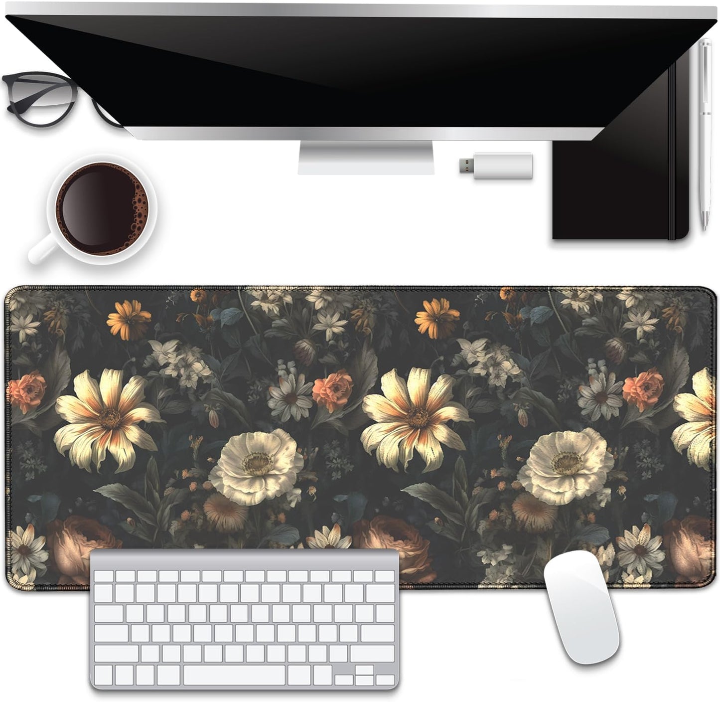 Black Background Flowers Desk Pad Mouse Pad,Large Floral Mouse Mat with Stitched Edges,Non-Slip Rubber Base Elegant Mousepad for Office PC Keyboard Laptop and Home Work Desk Mat(27.5X11.8 in)