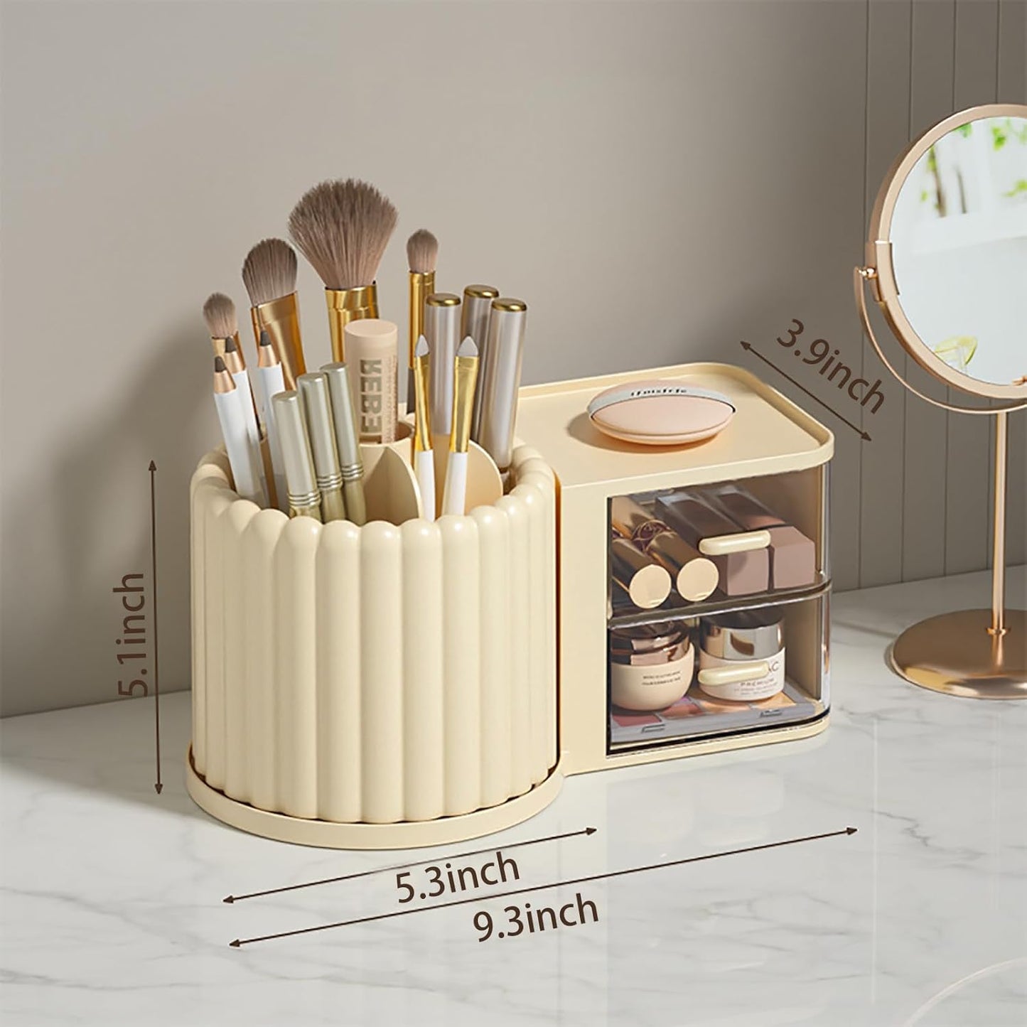 Anyoifax 360 Rotating Makeup Brush Holder 7 Slots Makeup Organizer with Drawer Removable Spinning Cosmetic Storage Pen Holder for Vanity, Dresser, Desk, Beige
