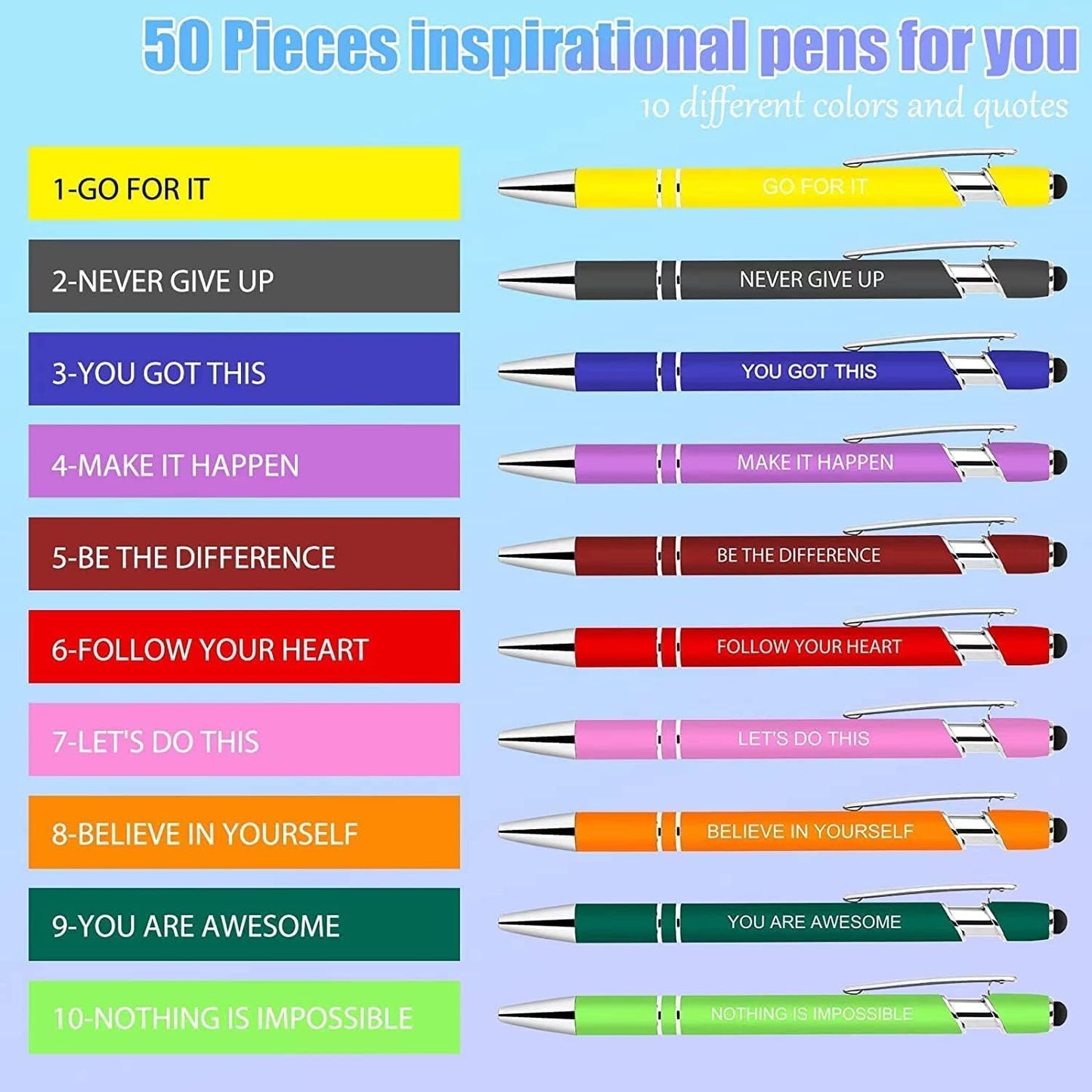 10 Pcs Inspirational Pens - Motivational Ballpoint Ink Pens Bulk with Stylus Tip quotes Gifts for School Coworkers Office Supplies Black Ink