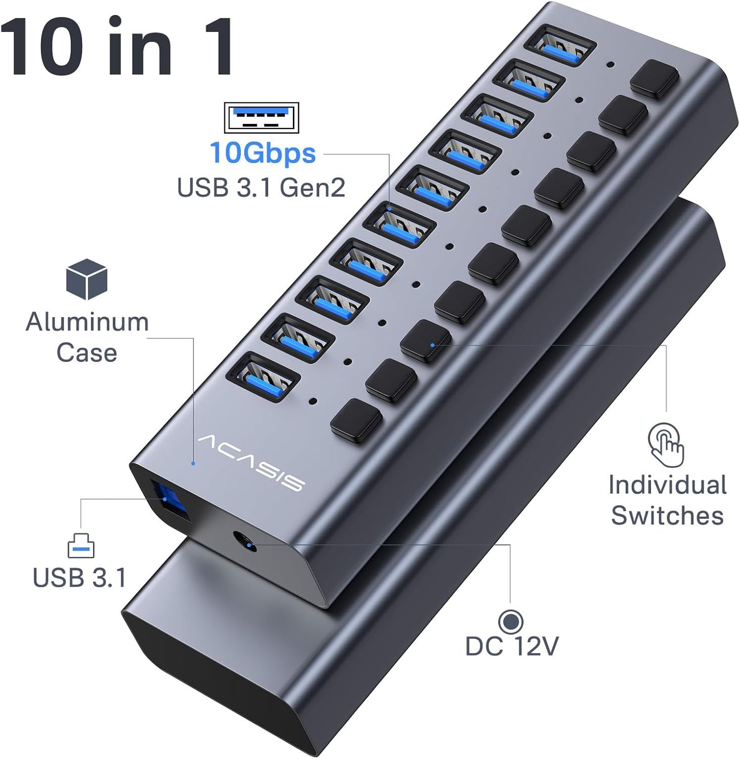 ACASIS Powered USB Hub,10 Ports USB 3.1 Hub with 10Gbps Data Speed, Individual On/Off Switches, 12V4A 48W Power Adapter, USB Hub 3.1 Powered for MacBook, Mac Pro/Mini, Surface Pro Laptop/PC