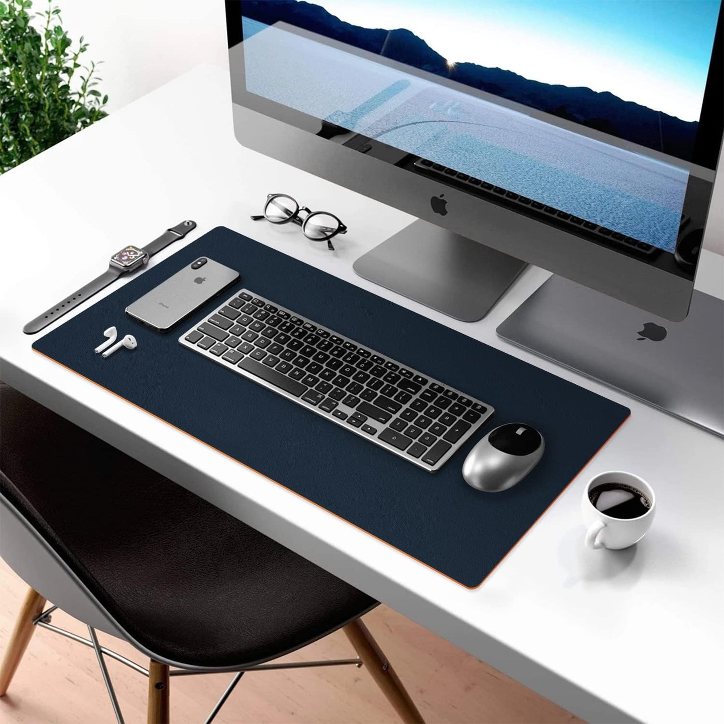 Desk Mat Large Protector Pad For Home, Office - Smooth Surface Soft Multifunctional Dual-Sided Desk Mouse Pad For Desktop, Waterproof, PU Leather (Dark Blue, 23.6" x 13.7")
