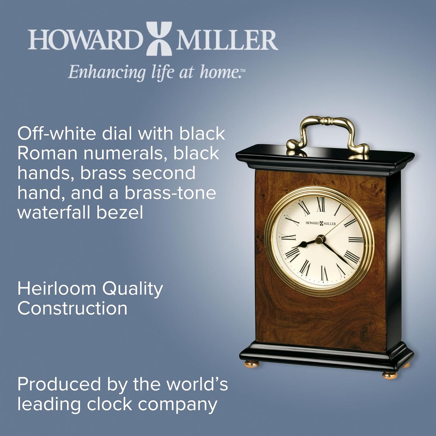Howard Miller Berkley Table Clock - Roman Numerals Walnut Wood Finish Desk Clock- Vintage Mantel Clock with Brass Handle - Silent Quartz Movement Desk Clocks for Home, Office, Bedroom, Living Room