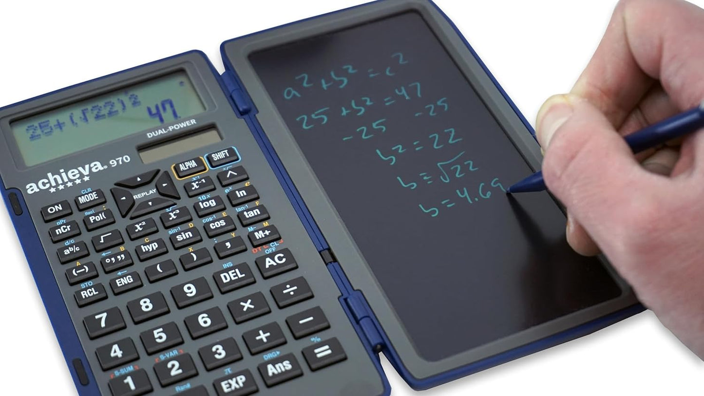 Achieva Scientific Calculator with Erasable LCD Writing Tablet | 2-Line Display | Dual Solar & Battery Power | for Students in Middle School, High School (970)