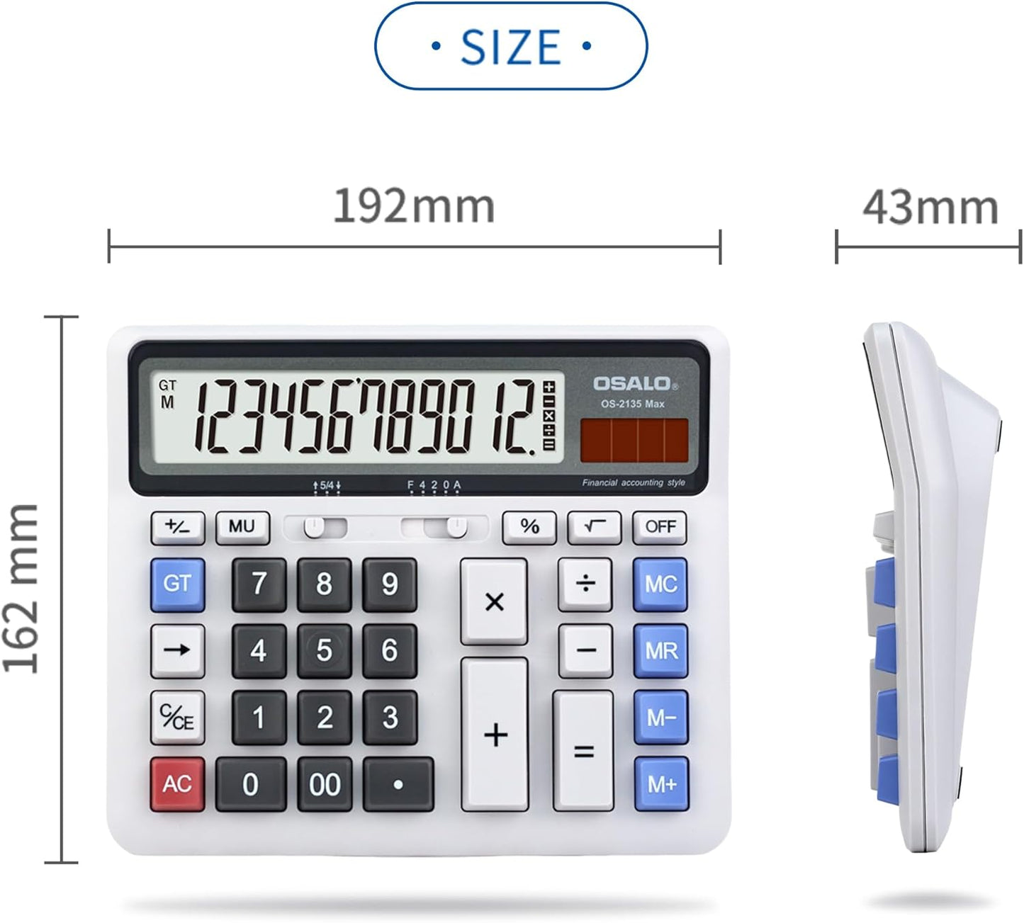Desktop Calculator Extra Large LCD Display 12-Digit Big Number Accounting Calculator with Giant Response Button, Battery & Solar Powered, Perfect for Office Business Home Daily Use(OS-2135)