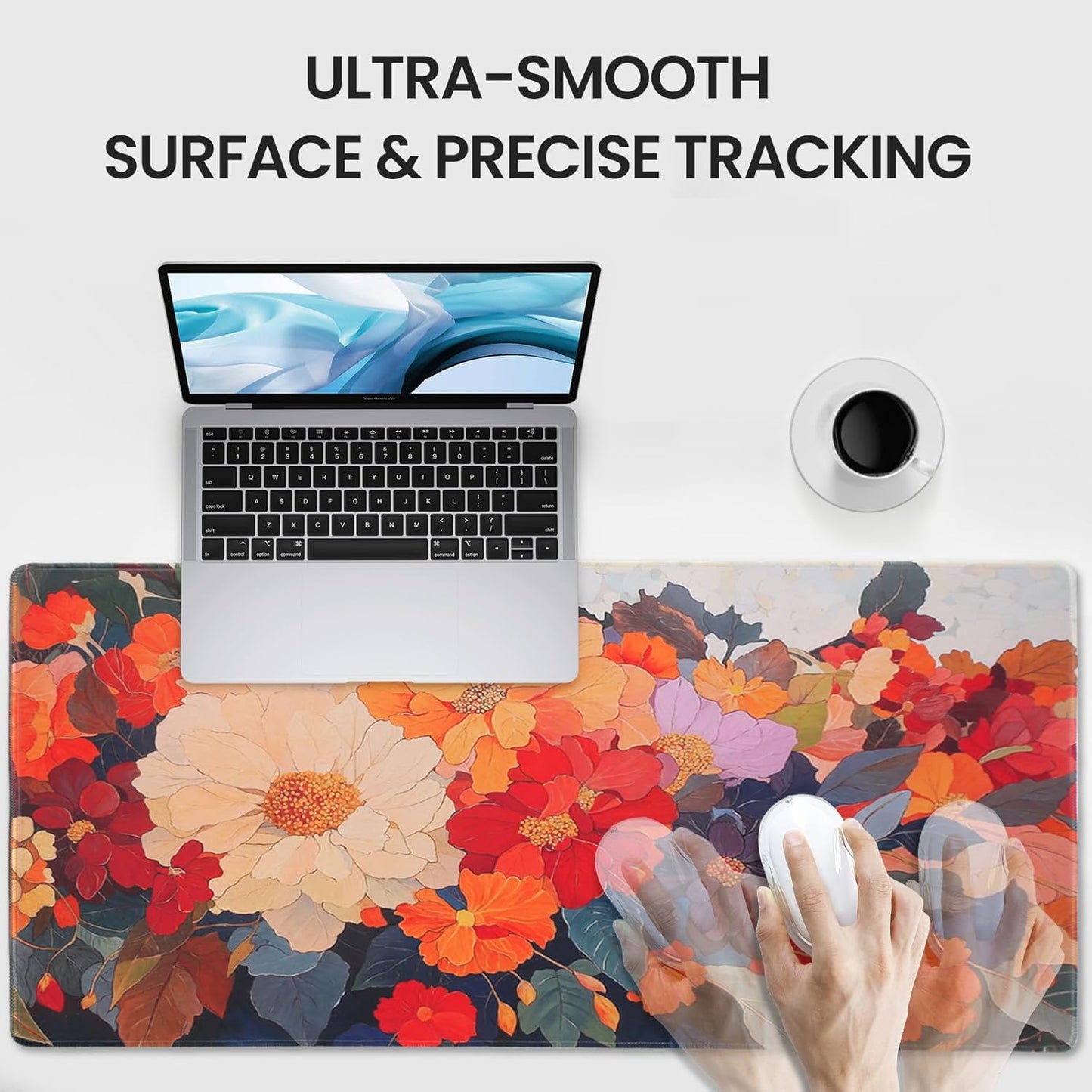 Desk Pad, Floral Desk mat, XXL Gaming Mouse pad, Mouse pad with Stitched Edges and Rubber Base,Large Mouse mat for Computer, Suitable for Home, Gaming and Office Keyboard Mouse Pads，Blooming Flowers