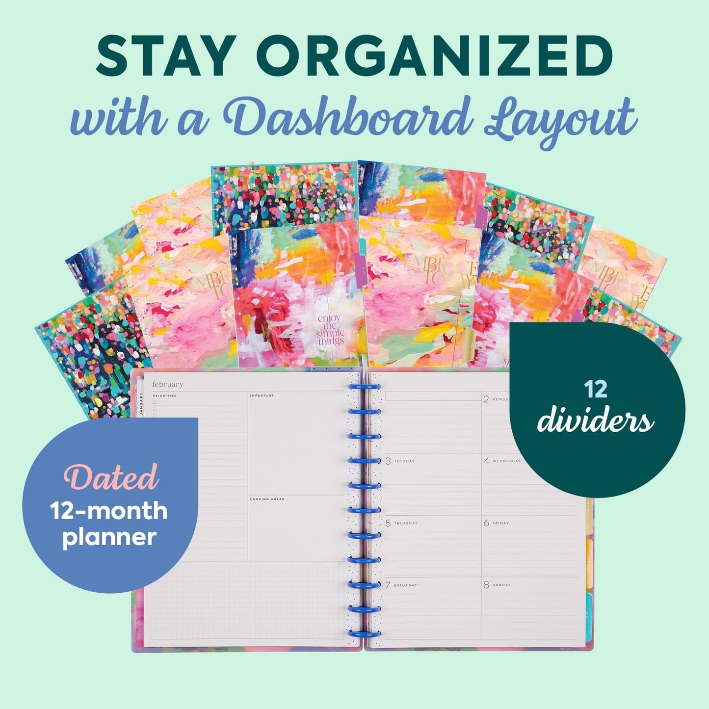 Happy Planner Disc-Bound Planner Jan.–Dec. 2026, Includes 3 Extra Months and 2 Sticker Sheets, Big Size, 8.5" x 11", Dashboard Layout, Bright & Bushy