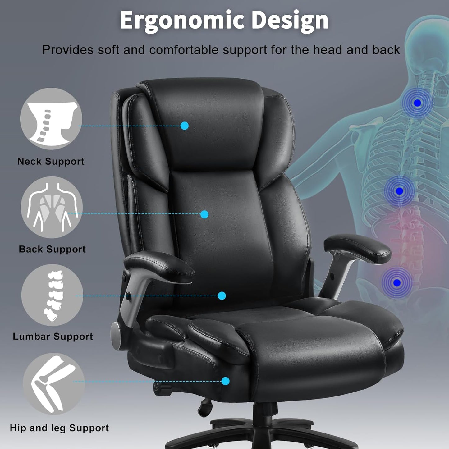 Big and Tall Office Chair 600LBS, Heavy Duty Office Chair for Heavy People, High Back Executive Office Leather Chair with Adjustable Armrests and Lumbar Support, Black Ergonomic Big Tall Chair