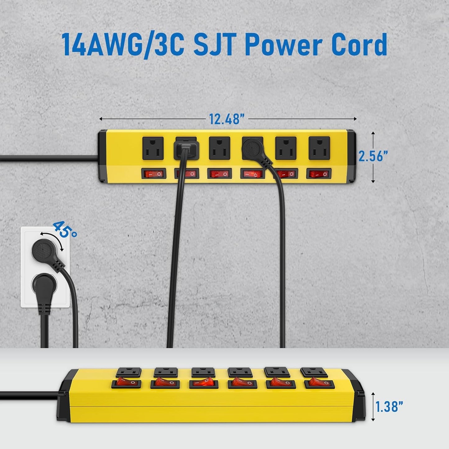 ANNQUAN 3PCS 6 Outlet Metal Power Strip with 6 Individual Switches,Heavy Duty Power Strip 1200J 15A 6FT Cord Home Office Industrial Commercial Shop