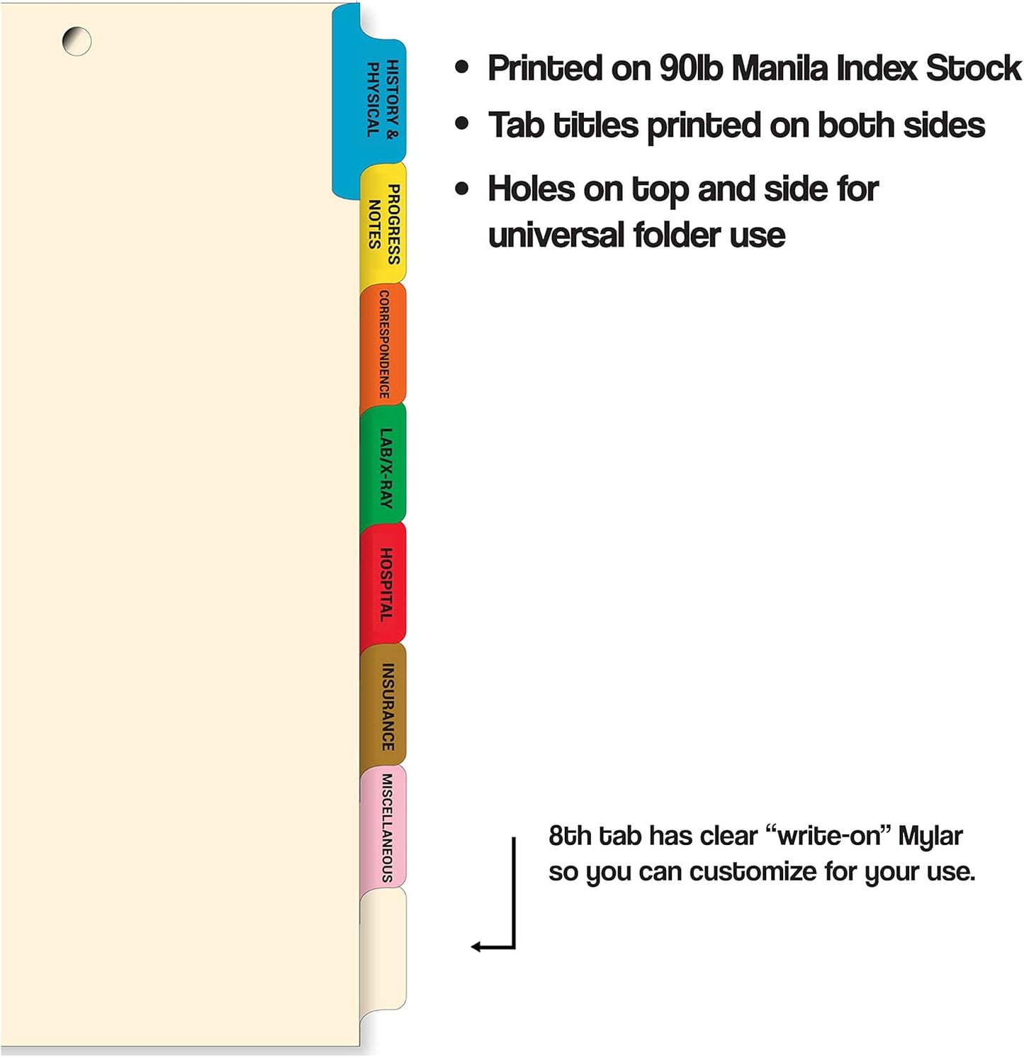 Doctor Stuff - Stock Medical Chart Fileback Divider Sets, 60 Sets of 8 Popular Healthcare Index Tabs, Side Tab, 8-1/2" x 11" with 1-3/4" top Flap Extension for Fasteners