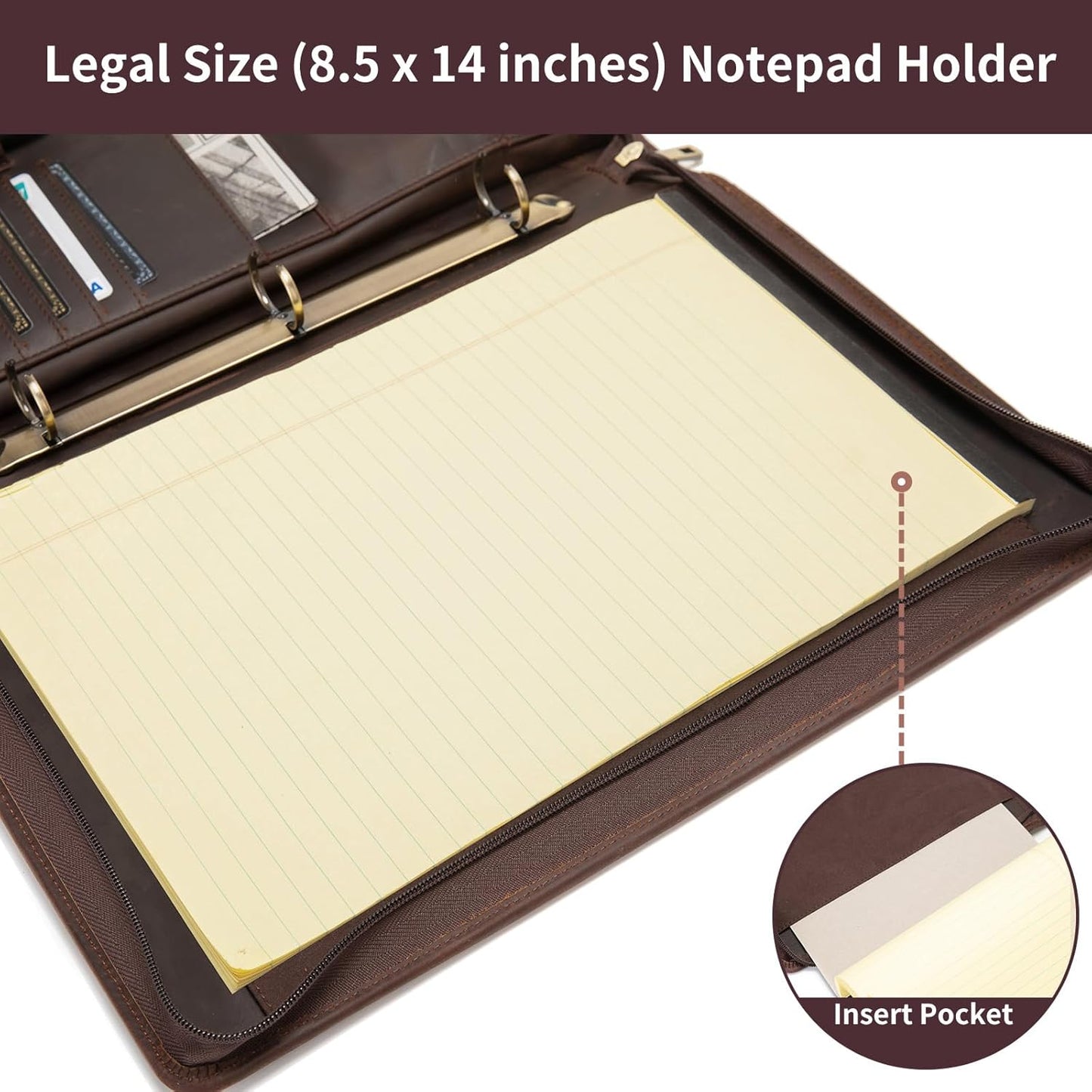 Genuine Leather 3 Ring Binder Portfolio, 8.5 x 14 Legal Size Pad Holder, Hidden Handle, Zippered Padfolio with 15” Laptop Organizer, Professional Business Folio for Men Women, Dark Brown