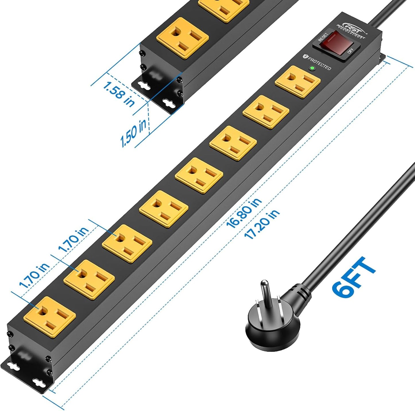 CRST 8 Outlet Metal Long Power Strip,Heavy Duty Surge Protector 2100J, 6 FT Cord Mountable Wide Spaced Workshop Garage Power Strip, 15amp/1875W