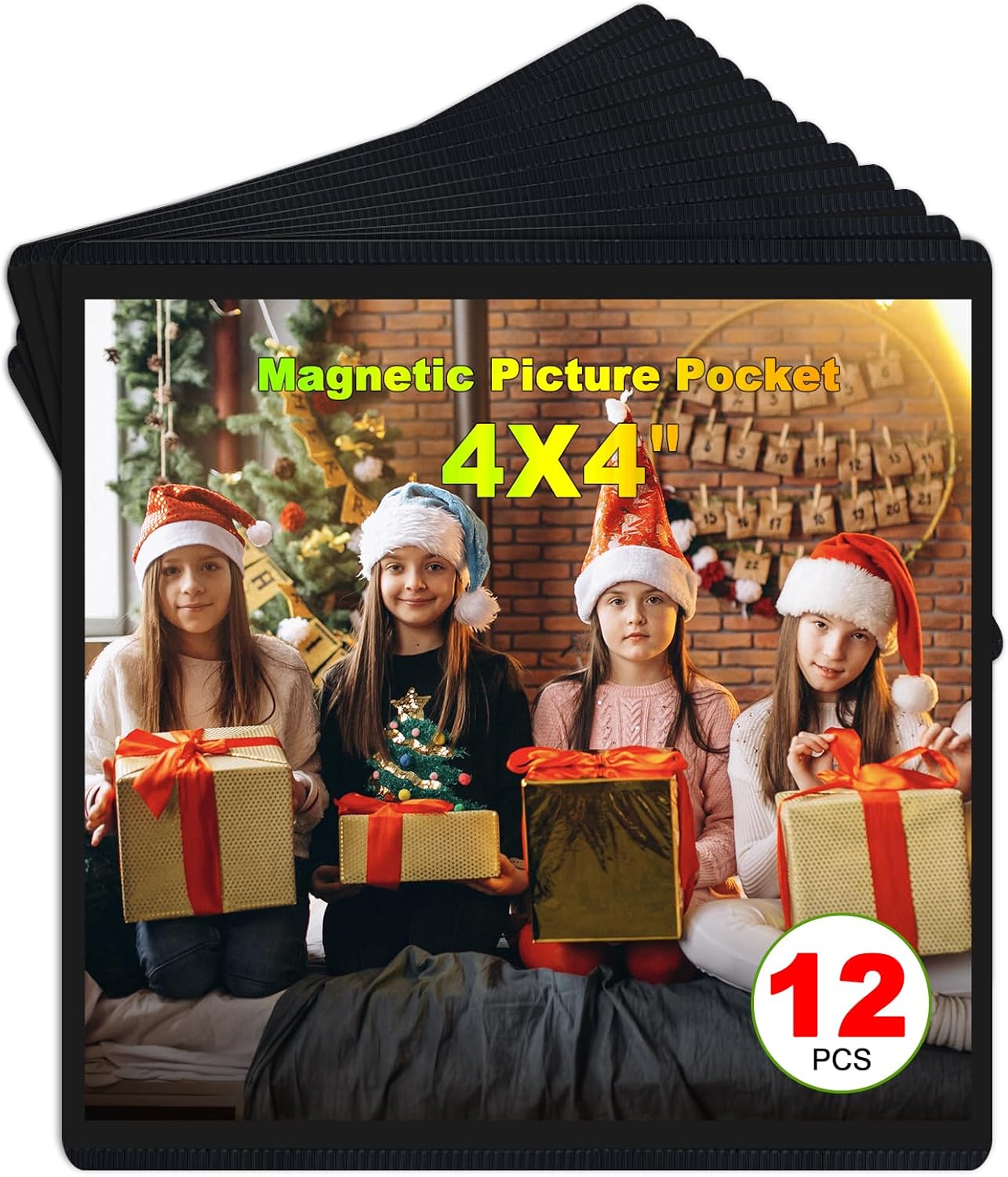 Black Magnetic Picture Frame 4X4 for Refrigerator,12 pack,Square Photo Magnets Sleeves