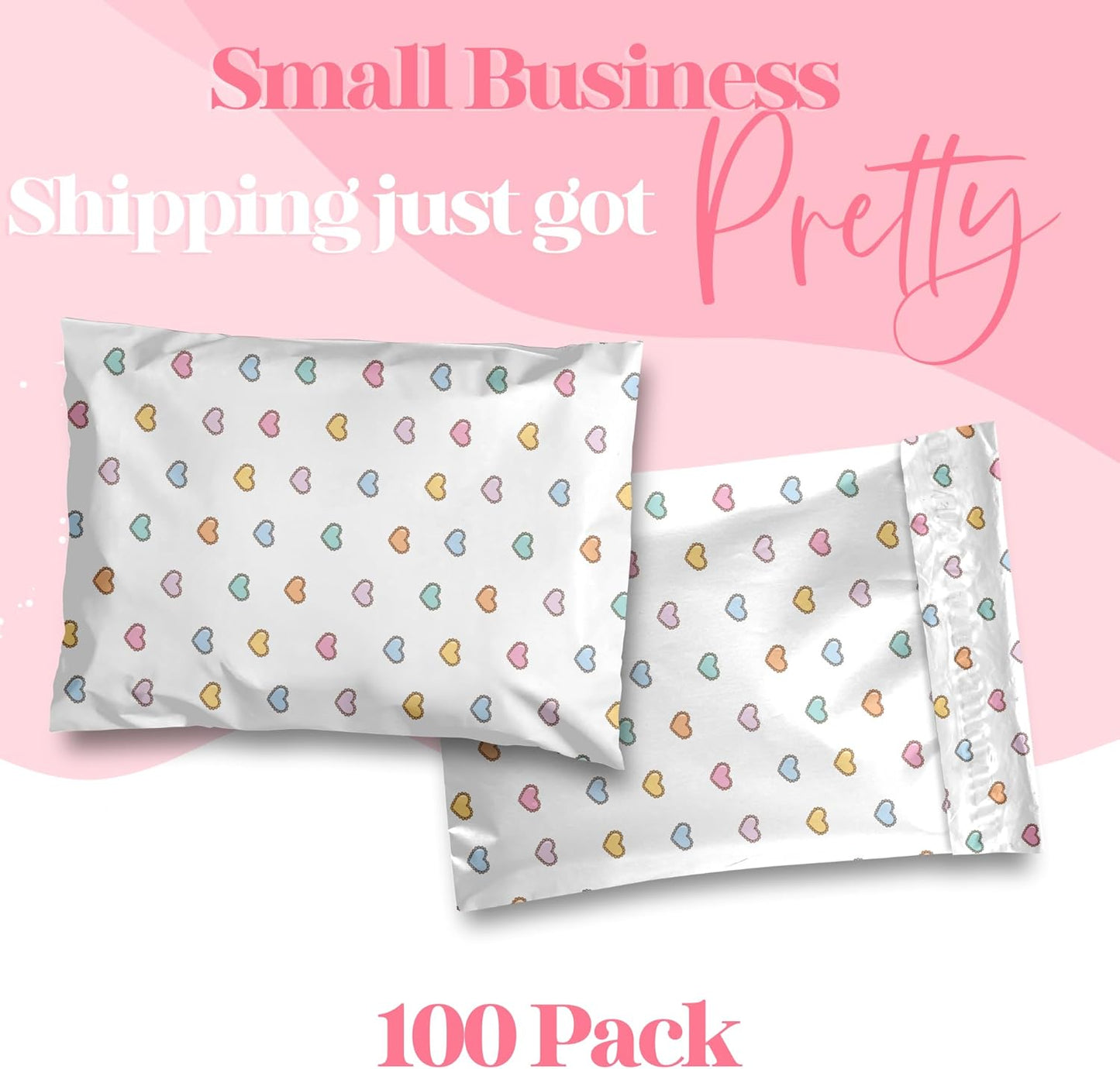 10x13 Designer Poly Mailer 100 Pack Heavy Duty Waterproof Self Seal Shipping Bags for Small Business Large Mailing Envelopes Bulk Tear Resistant Packaging Preppy Hearts