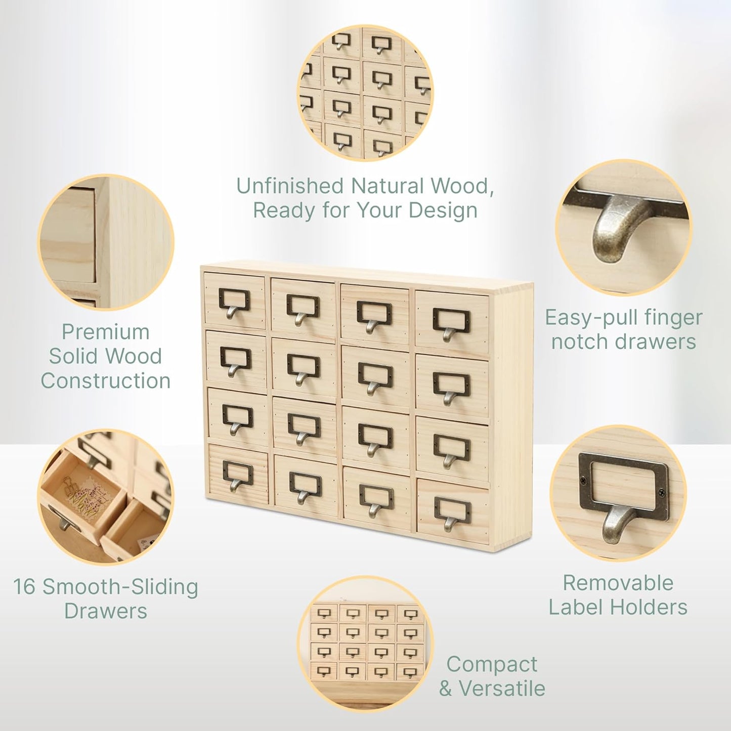 DIY Wooden Desk Organizer with Drawers – Unfinished 16-Drawer Wood Desk Organizer for Crafts, School, or Office – Customizable Wooden Apothecary Cabinet for Creative Storage – Natural Wood Finish