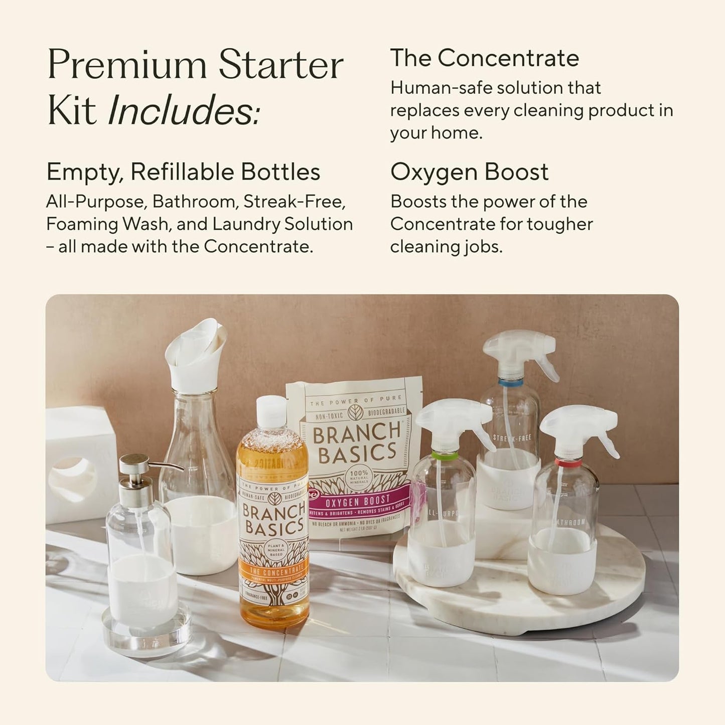Branch Basics Premium Starter Kit in Glass: All Purpose Cleaner, Glass Cleaner, Bathroom Cleaner, Wash Bottle, and Laundry Bottle (3 Glass Spray Bottles + Concentrate) Fragrance-Free