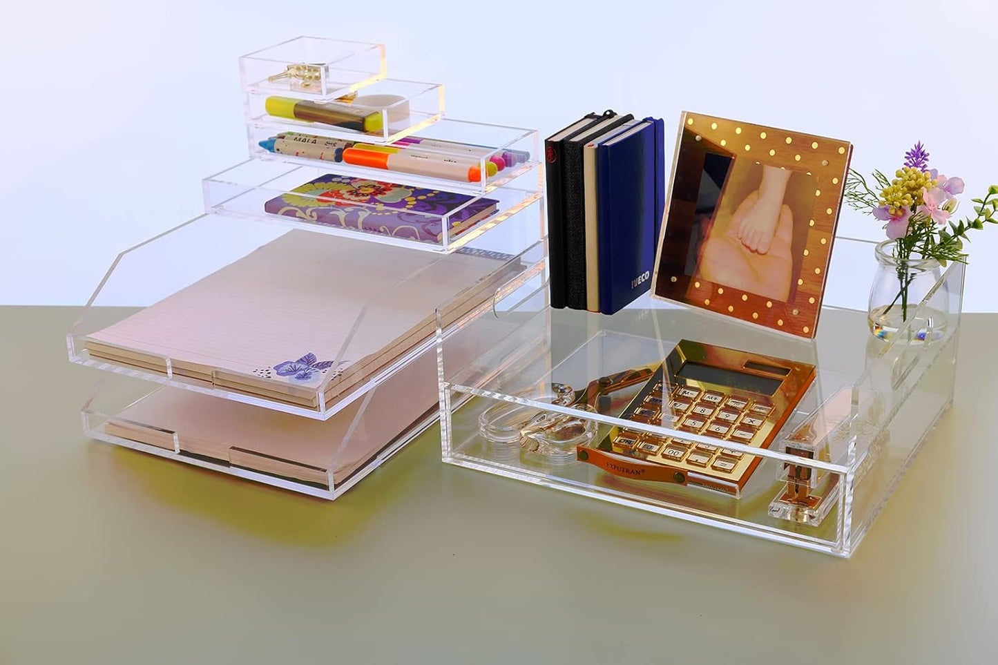 Acrylic Desk Organizer Drawer + Inbox with Letter Tray 12.6” x 10.6” x 5”, A4 Size, Clear